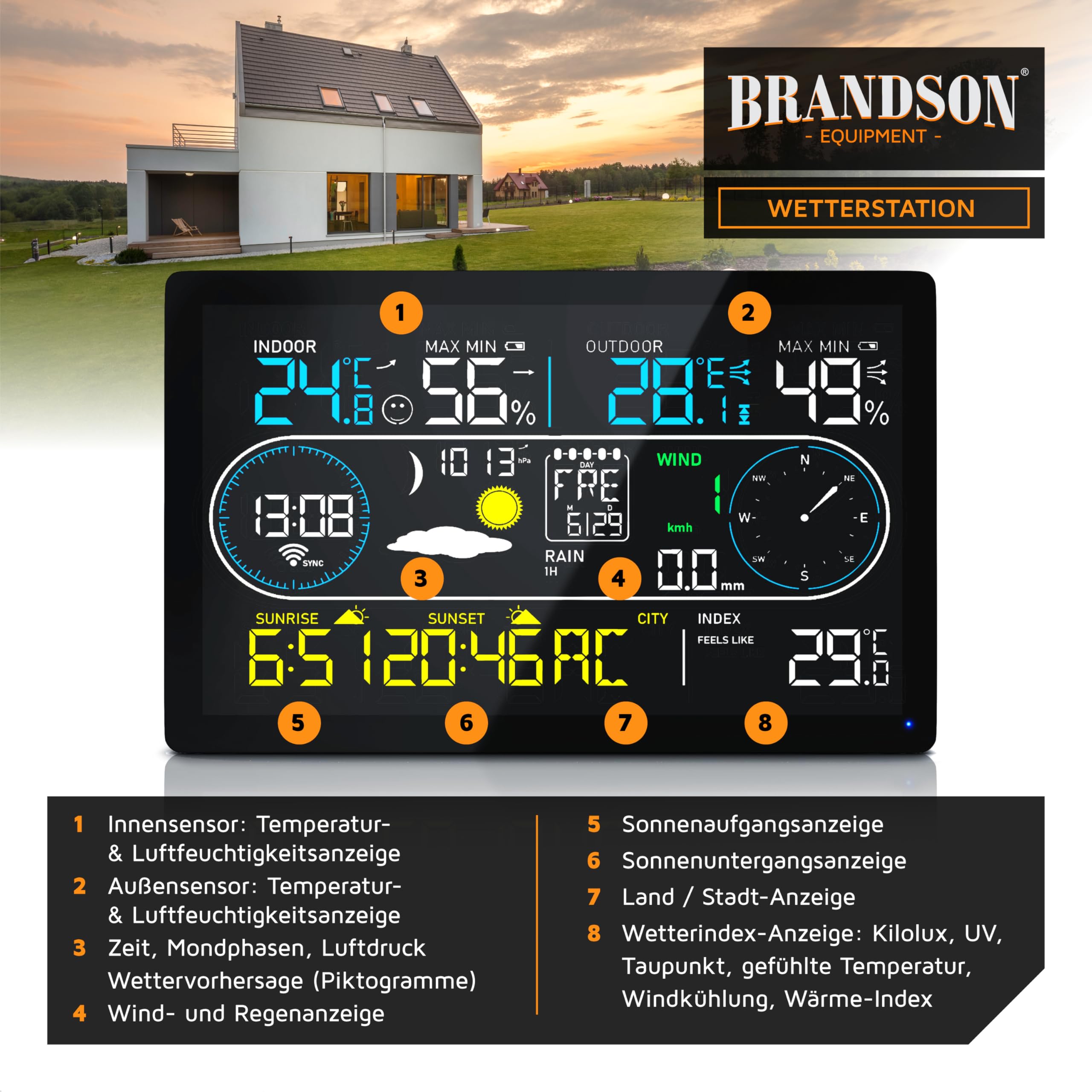 Brandson - WLAN Wetterstation mit 7in1 Funk Außensensor – WiFi App Steuerung – Temperatur Luftfeuchtigkeit Luftdruck – Windmesser Regenmesser