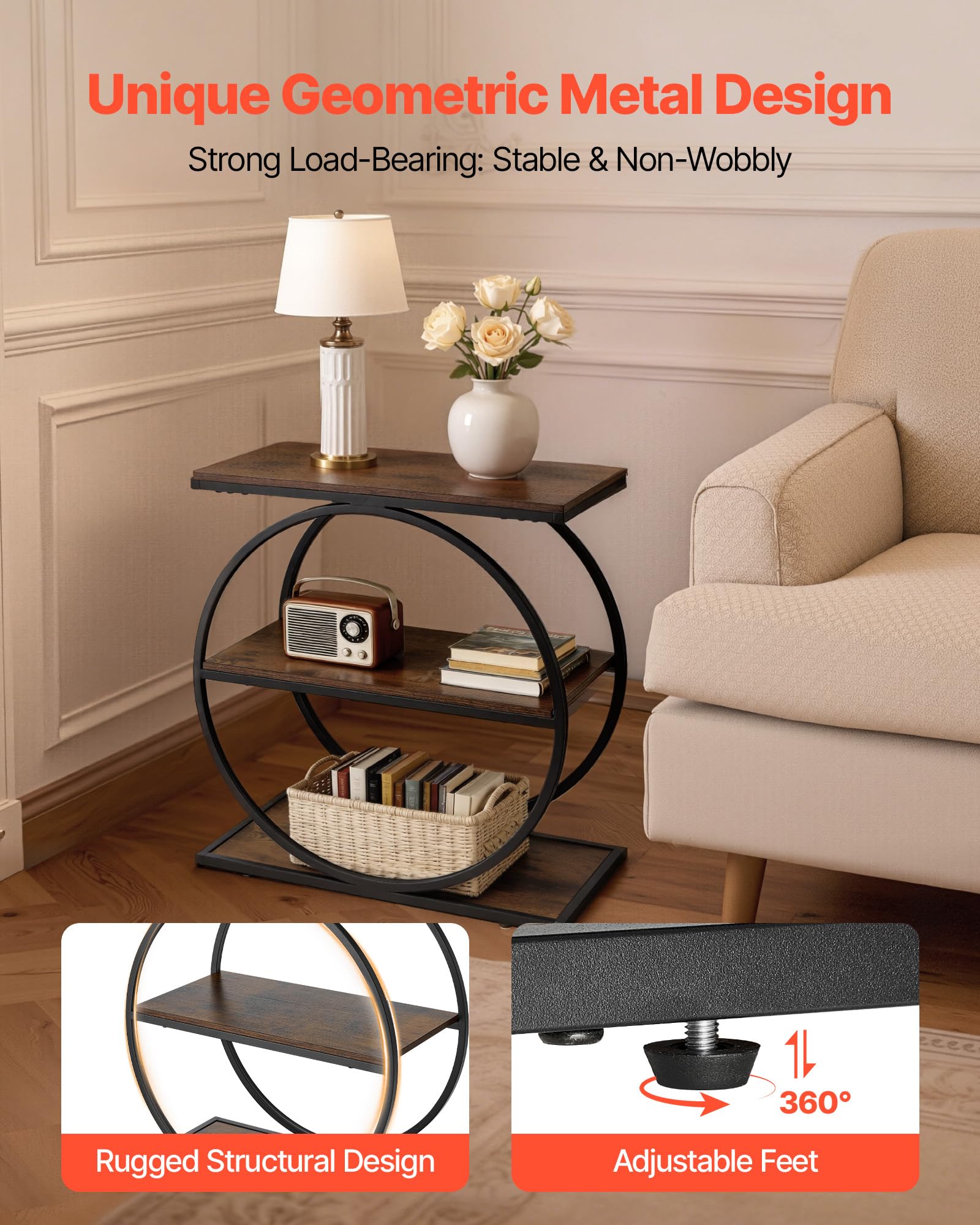 VEVOR Stolik kawowy, 3-poziomowy wąski stolik pomocniczy z otwartymi półkami do przechowywania, nowoczesny stolik nocny z okrągłą metalową ramą, drewniana sofa, stolik kawowy do salonu, sypialni