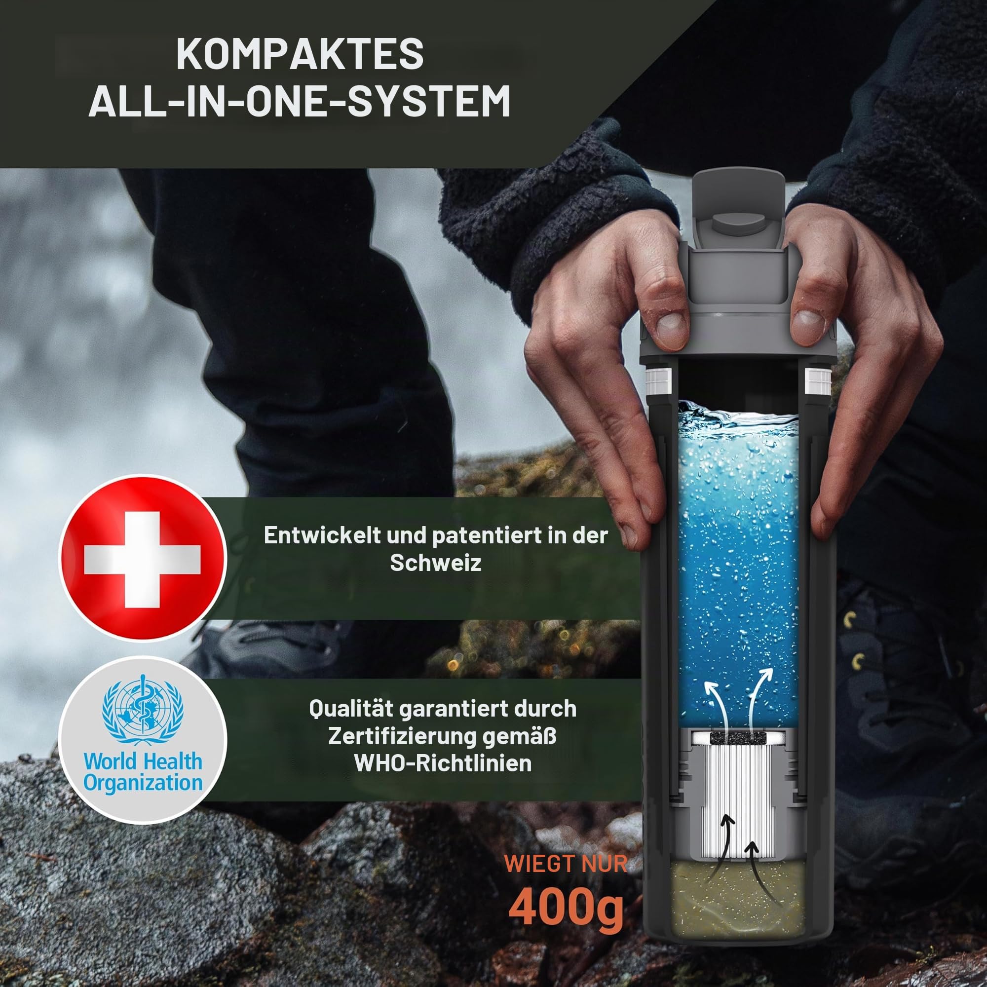 Bachgold® Outdoor Wasserfilter Set – Profi Filterflasche 500ml & Squeeze Filter 1000ml – Entfernt 99,99% Bakterien, Viren & Mikroplastik, Perfekt für Camping, Wandern, Survival & Notfälle