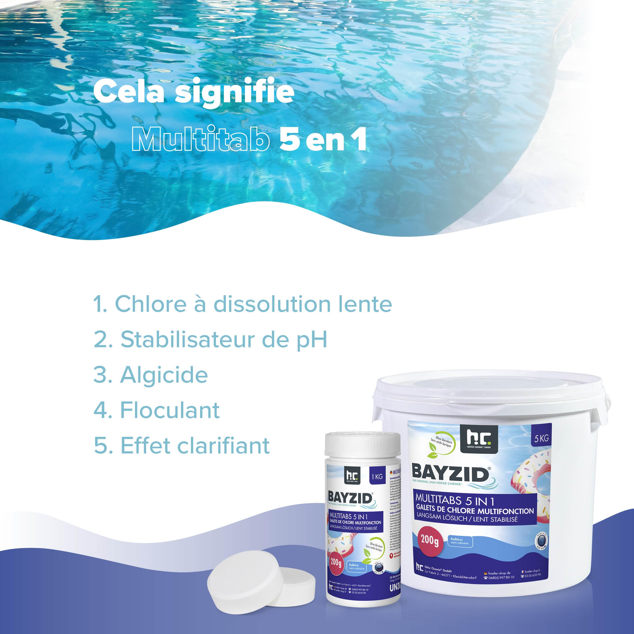 Höfer Chemie 5 kg Galets de Chlore (200g) Multifonction 5 en 1 pour Piscine - Entretien et Nettoyage en 5 Phases - Fabriqué en Europe - pour Une Eau Limpide