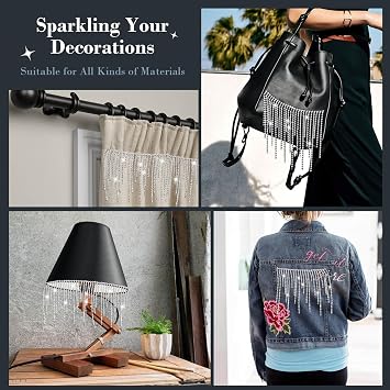 ROADPLUM Rhinestone Fringe with Glue, Rhinestone Tassel Trim, Sparkling Silver Diamond Crystal Tassel Fringe Trim Chain for Jeans Jacket Wedding Dress Cowgirl Outfit Belt Female Jewelry (1 Yard)