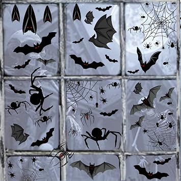 Halloween Window Clings Stickers, 112pcs Halloween Decorations Windows Decals Black Bats Spiders PVC Double Side Static Removable Glass Window Ornaments for Party Supplies DIY Festival Decor