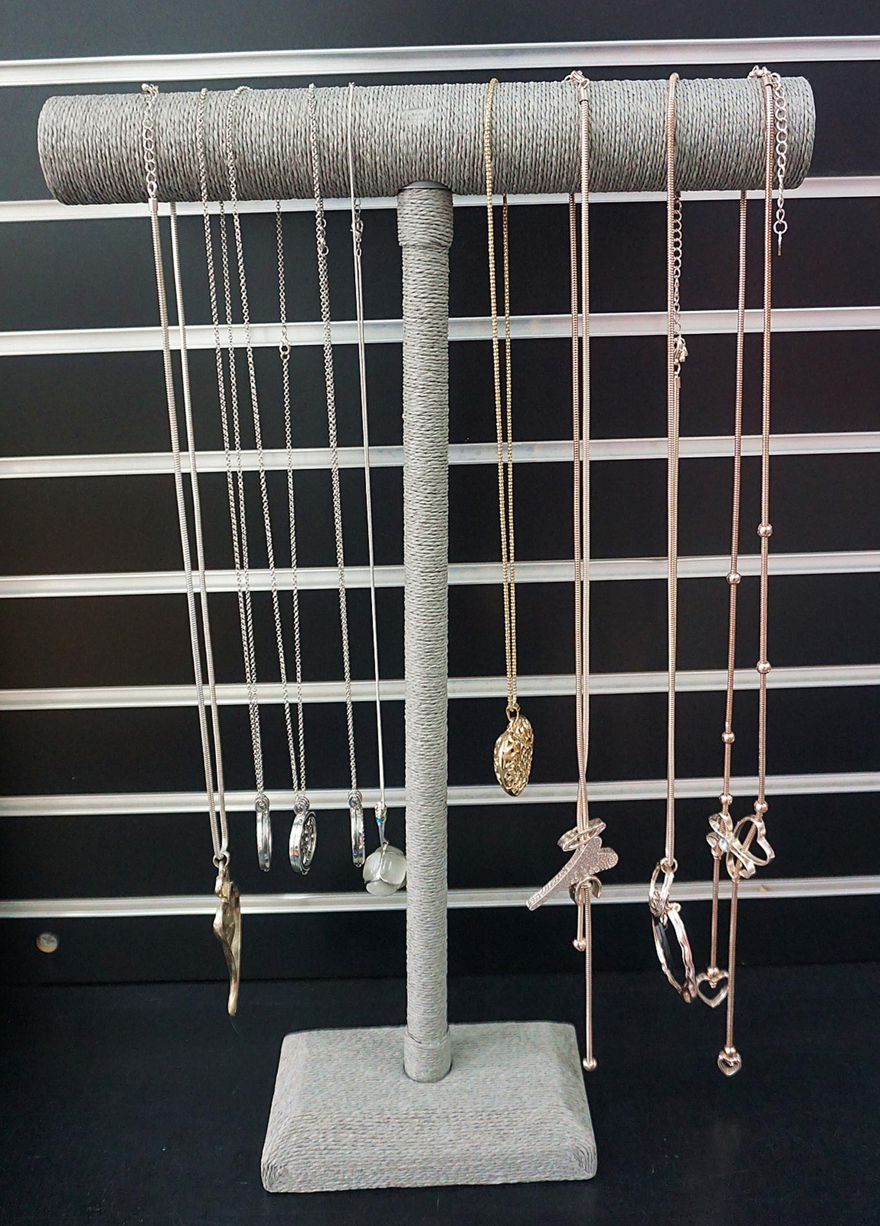 Présentoir à bijoux en forme de T pour colliers, pendentifs, bracelets, bijoux, gris, toile de jute tissée