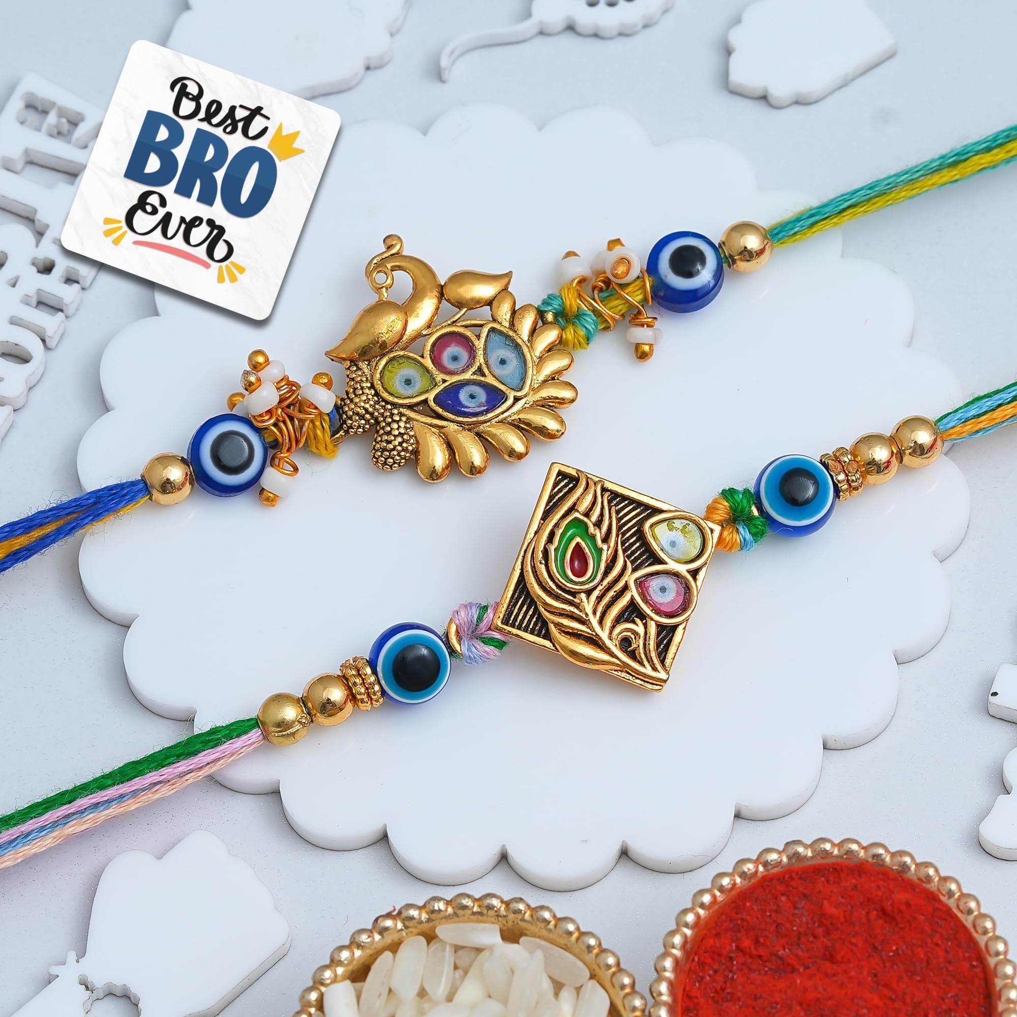 eCraftIndia Peacock Feather Evil Eye Rakhi Set of 2 | Rakhi for Brother Bhaiya Bhai with Best Bro Ever Fridge Magnet | Roli Chawal Pack