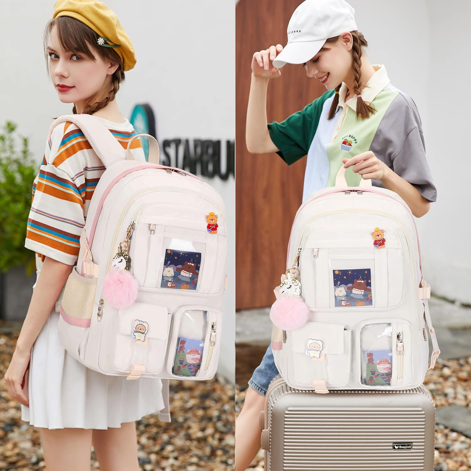 Backpack for Girls with Accessories Laptop Bookbags 16 Inch Kawaii Kids Elementary Middle High School Bag College Travel Daypack Gifts for Teens Women Students (Off-white) - Image 2