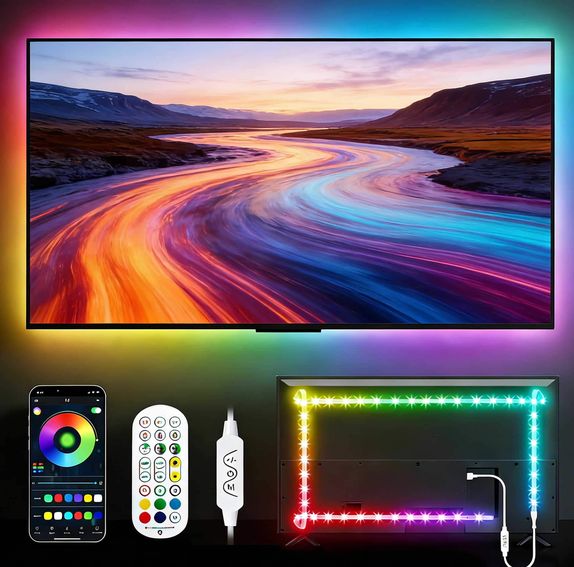 DAYMEET - Retroilluminazione LED 3M USB per TV 32-60 Pollici, Striscia di Luce RGBIC Con Telecomando, Sincronizzazione Musicale, Bluetooth e Controllo APP