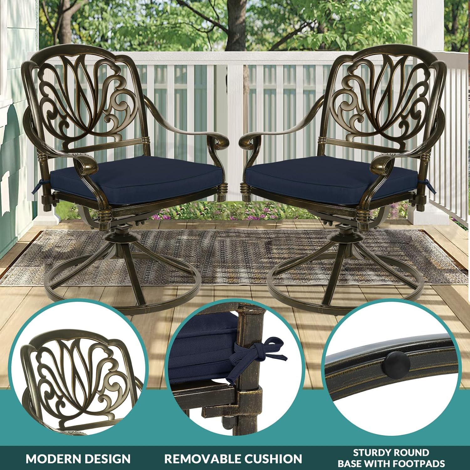 MEETWARM 9-Piece Outdoor Patio Dining Set for 8, All Weather Cast Aluminum Patio Funiture Table and Chairs Set- Large 64" Square Table and 8 Cushioned Swivel Rocker Chairs, Umbrella Hole, Navy Blue