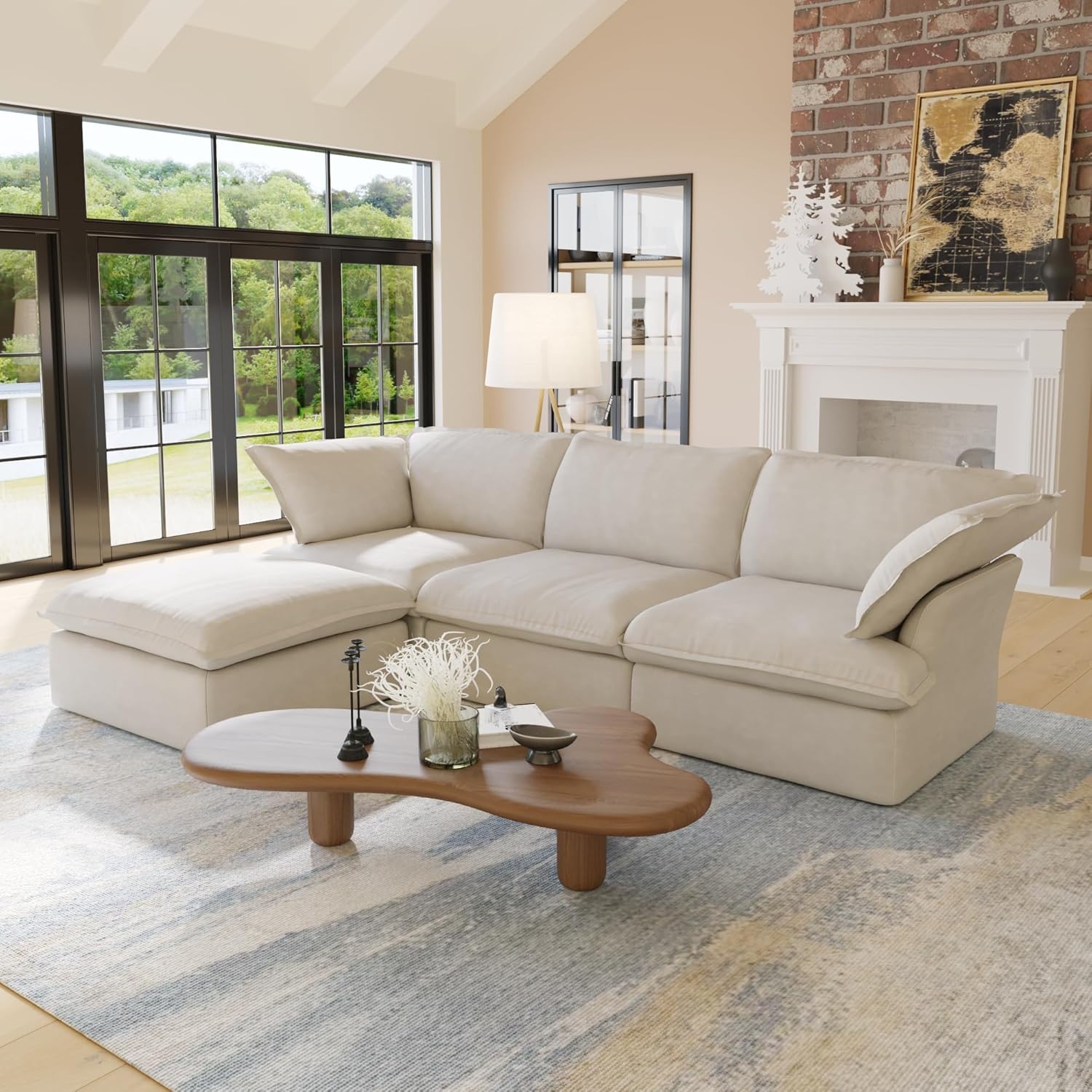 WJShome 122.82" Cloud Modular Sectional Sofa, L Shaped Couch Filled with Down with Chaise Ottoman, Minimalist Deep Seat Couches for Living Room,Cushion Covers Removable(Beige)