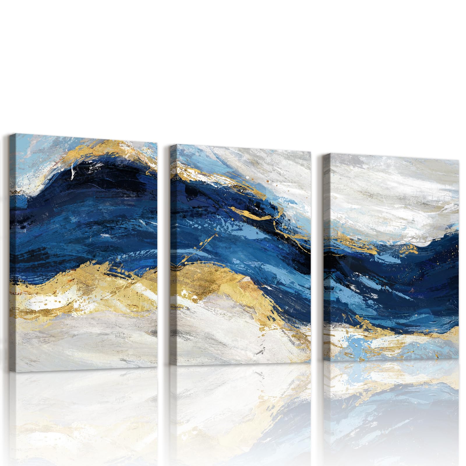 Waowumar Blue Gray Abstract Canvas Wall Art Haze Blue Painting Textured Navy and Silver Pictures for Bedroom Abstract Skyline Artwork Living Room Wall Décor 40x20 Inch