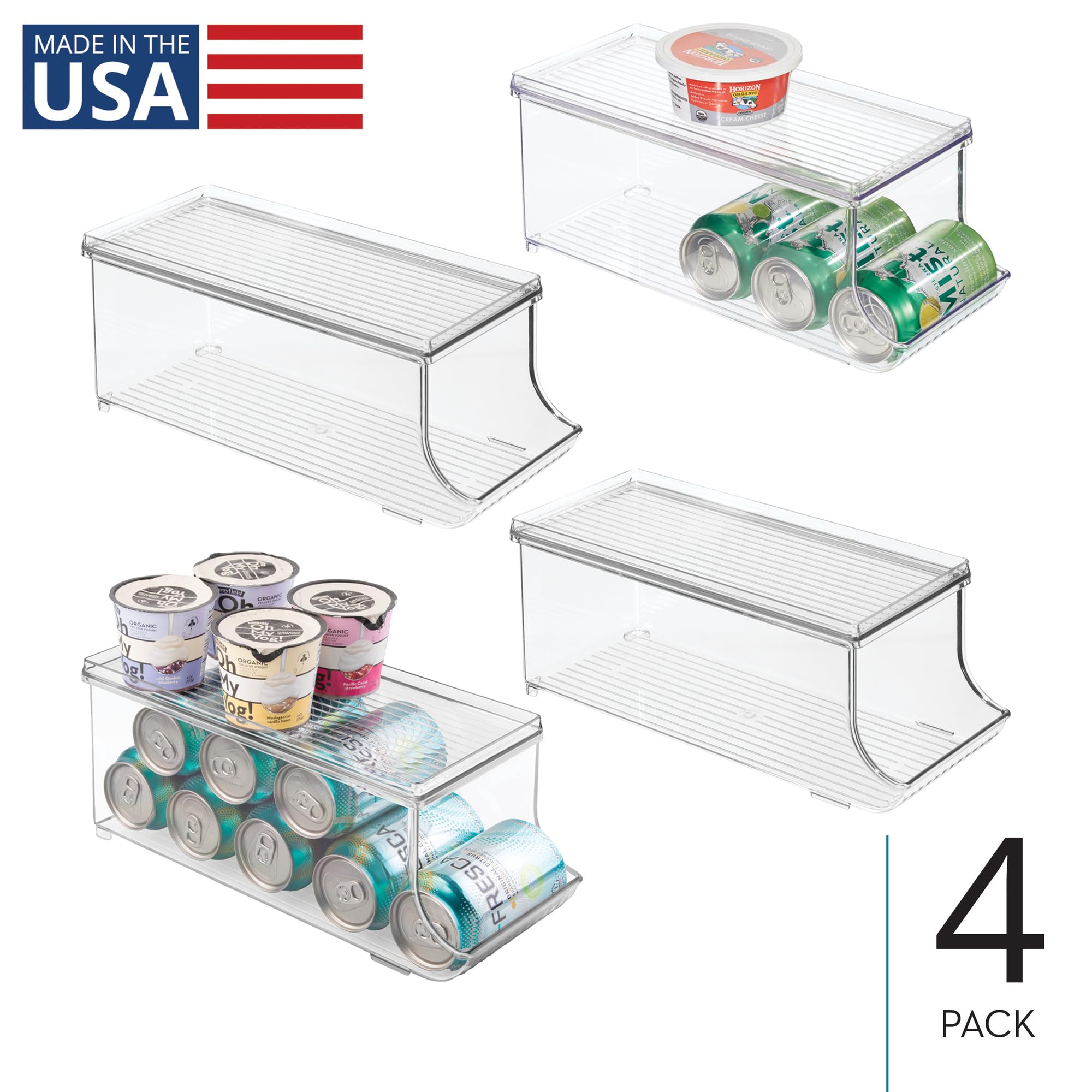 iDesign - Organizador de latas de refresco con tapa para despensa o refrigerador, juego de 4, transparente