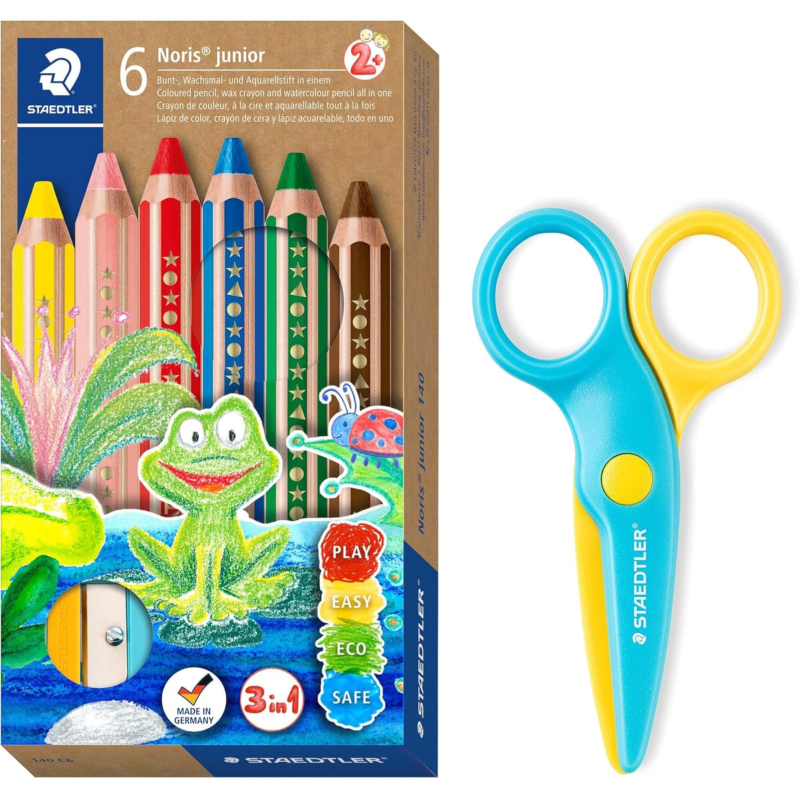 Staedtler Noris Junior 3-in-1 Colouring Pencils and Safety Scissors, Colourful, Wax Crayon and Watercolour Pencil, Ideal for Toddlers, Cuts Only Paper, 6 Colours Sharpener and Safety Scissors, 140 C6