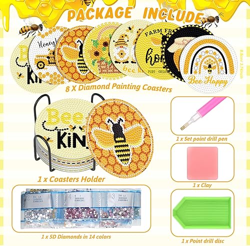Miniatura 3 de Shellwei 8 posavasos de pintura de diamantes de abeja con soporte, gnomo de abeja, girasol, kit de pintura de diamante, posavasos amarillos para