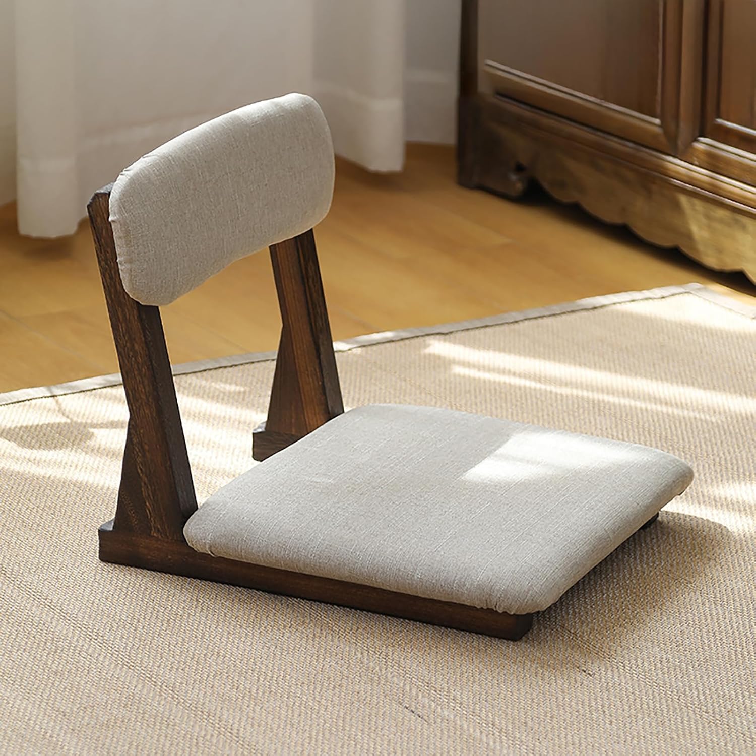Japanese Floor Chair with Back Support, Solid Wood Meditation Chair, Japanese Style Floor Seating Tatami Floor Seats with Cushion for Coffee Table, Low Tea Table，Living Room, Bedroom, Bay Window