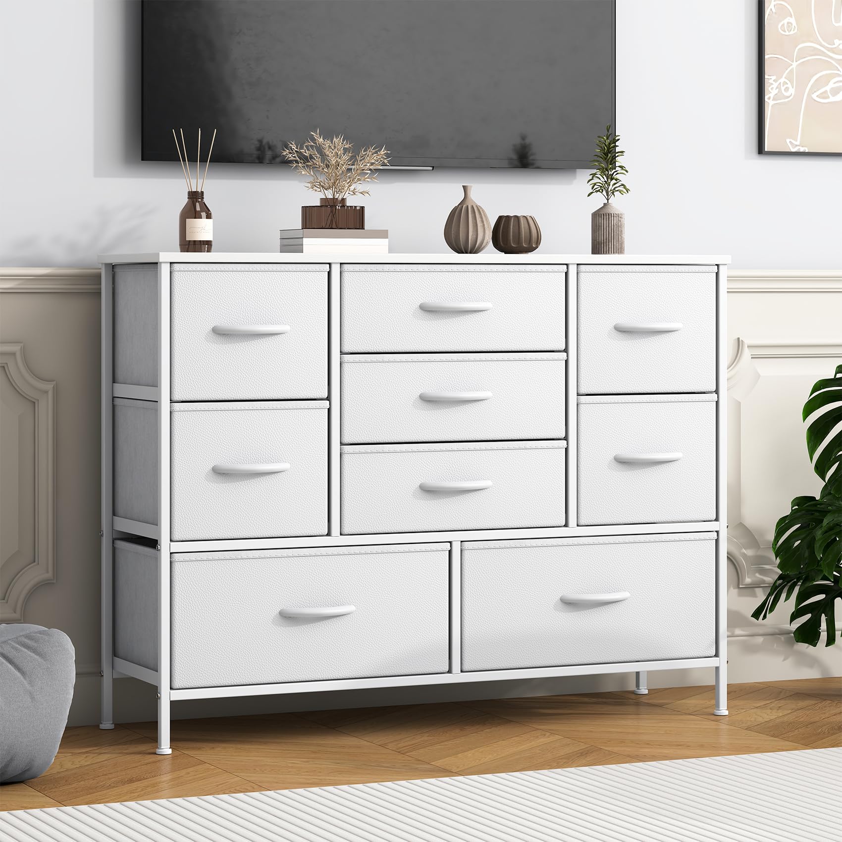 Feonase Chest of Drawers,Bedroom Dresser with 9 Fabric Drawers, Metal Frame & MDF Wood Top, Adjustable Feet, Storage Organizer Unit for Bedroom, Closet, Living Room, Office Hallway, White