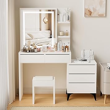 45.3 Modern Vanity Desk with Chair, Makeup Vanity Set featuring HD Mirror and 3-Color Adjustable Brightness Lights, Vanity Table with 5 Drawers & Storage Shelves for Bedroom and Makeup Organization