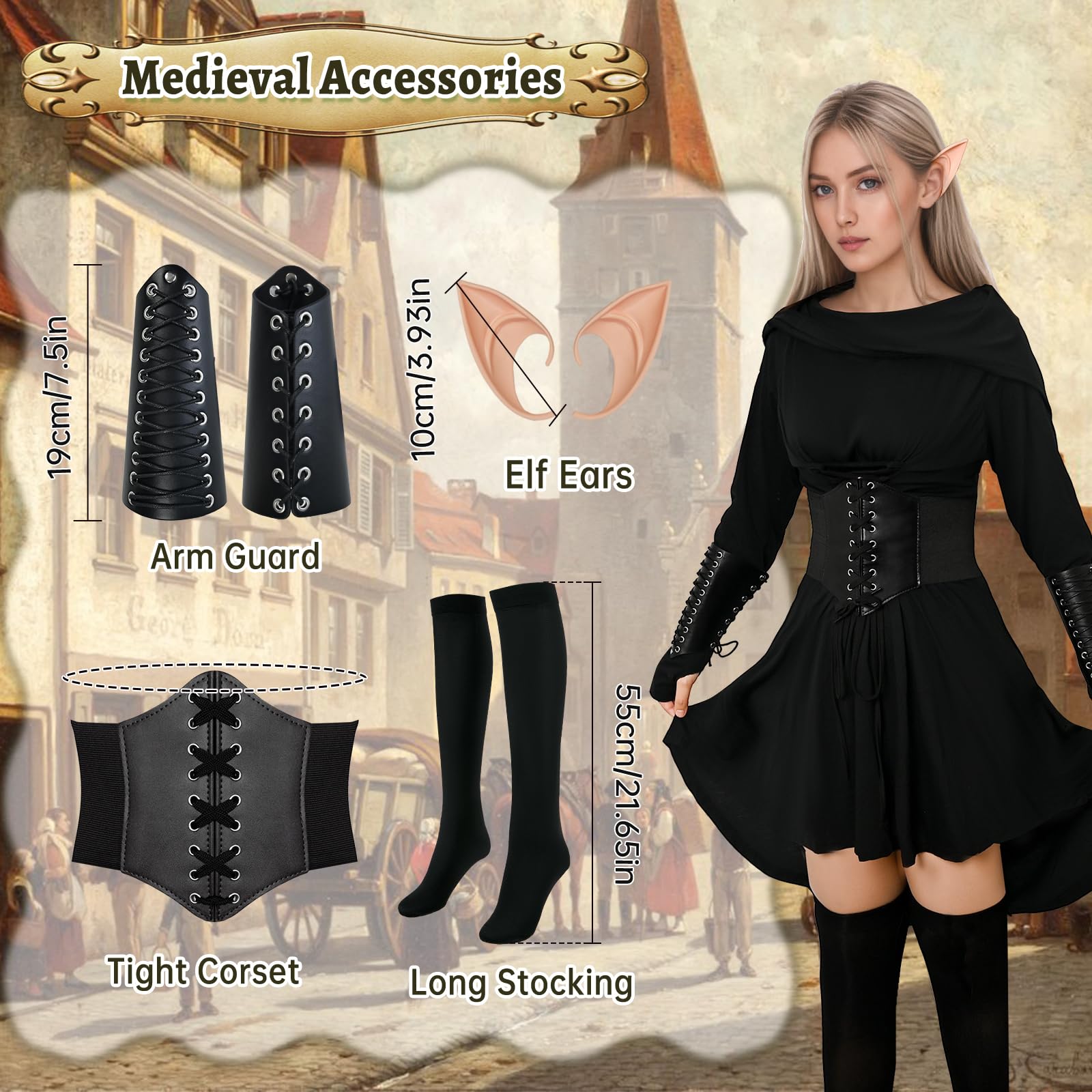 Vestito medievale da donna in stile gotico, con cappuccio, per donna, con corsetto, per carnevale, Halloween, feste