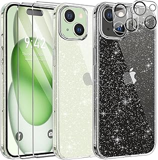 AROYI 5 in 1 Clear Glitter Case Compatible with iPhone 15 Plus Case with 2 Screen Protector and 2 Camera Lens Protector, Soft Bumper Sparkle Bling Women Girls Phone Case for iPhone 15 Plus 6.7"