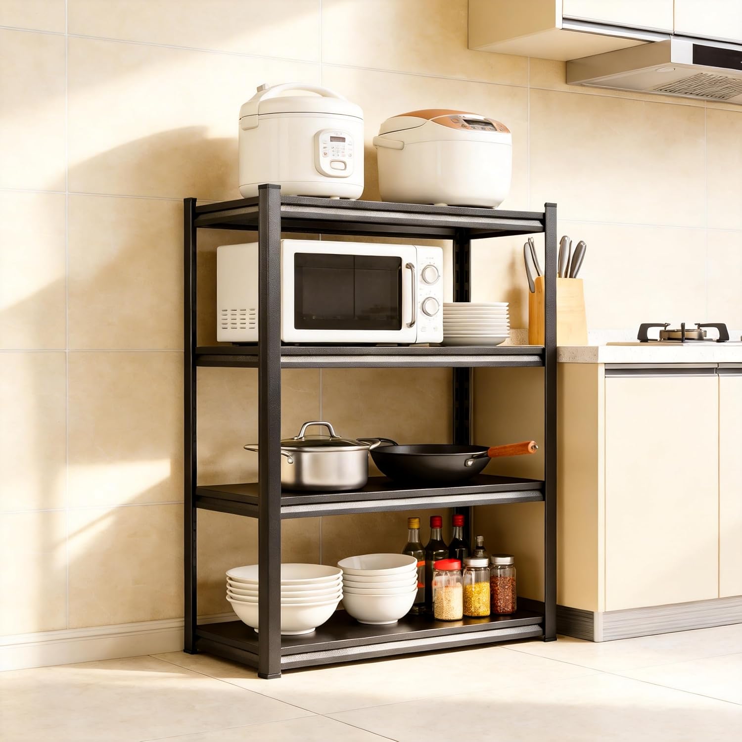 Kitchen Storage Shelves, Organizer Metal Shelving, 4 Tier Shelving Unit, Bakers Rack With Storage Pantry Shelf, 2400 Lbs Industrial Kitchen Shelf Organization Free Standing Black 19.7"W×13.8"D×44.1"H