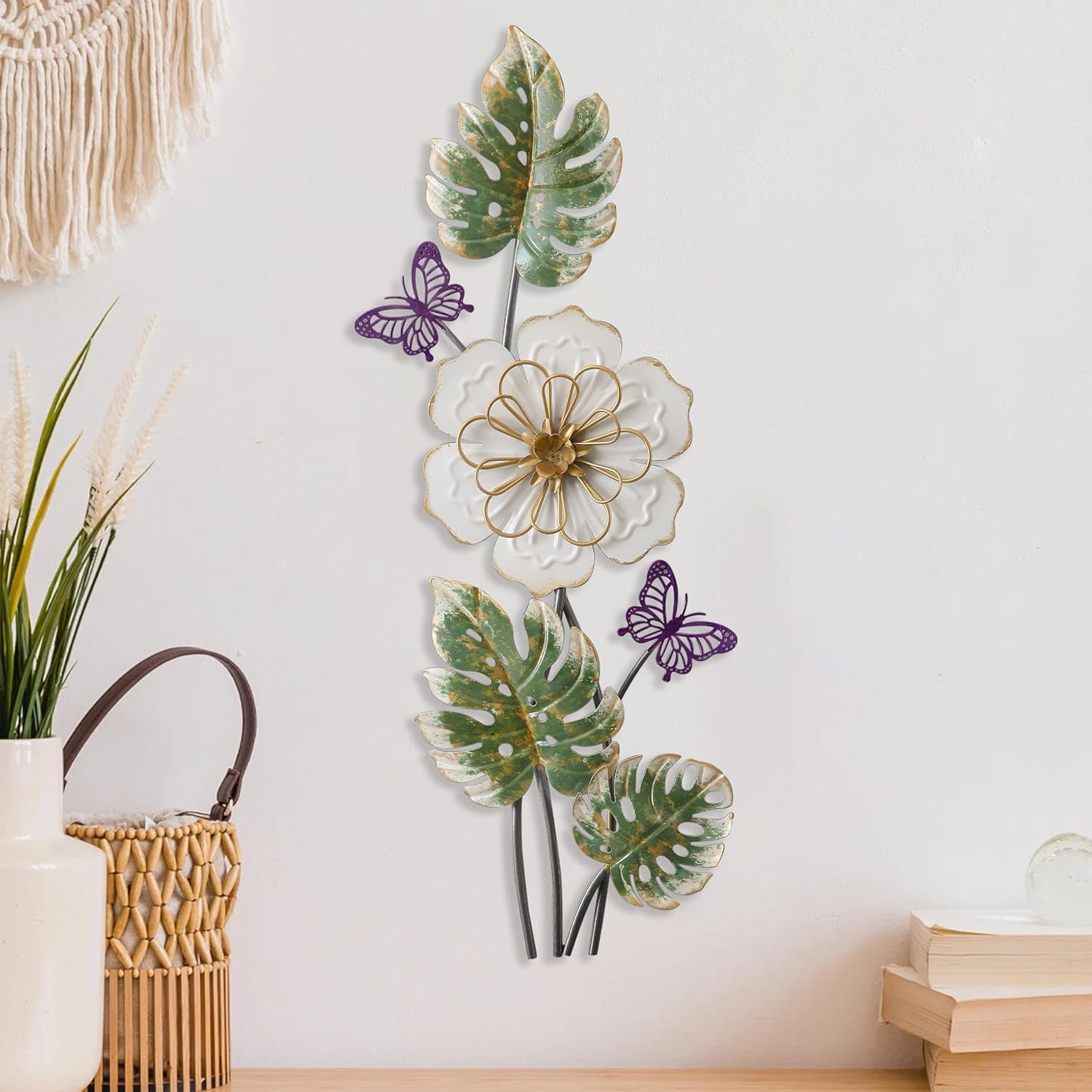 Sintosin Antique 3D Metal Flower Wall Decor 23 X 8 Inch, Hanging Metal Decorative Wall Art for Living Room, Vintage Leaves and Butterflies for Decoration Hallway Entryway Bedroom Dining Room