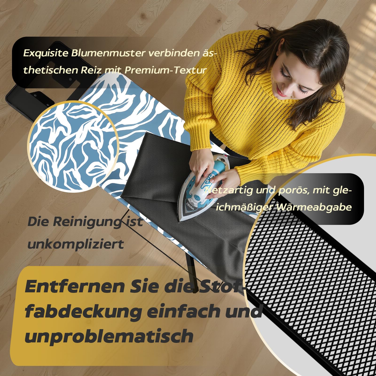 STANEW Bügelbrett 122 x 38 cm,Klappbares Bügelbretter Bügeltisch für Dampfbügeleisen,Sicherheitsschließsystem,höhenverstellbar,Integriertem Eisenständer(Indigo-Farbstoff)