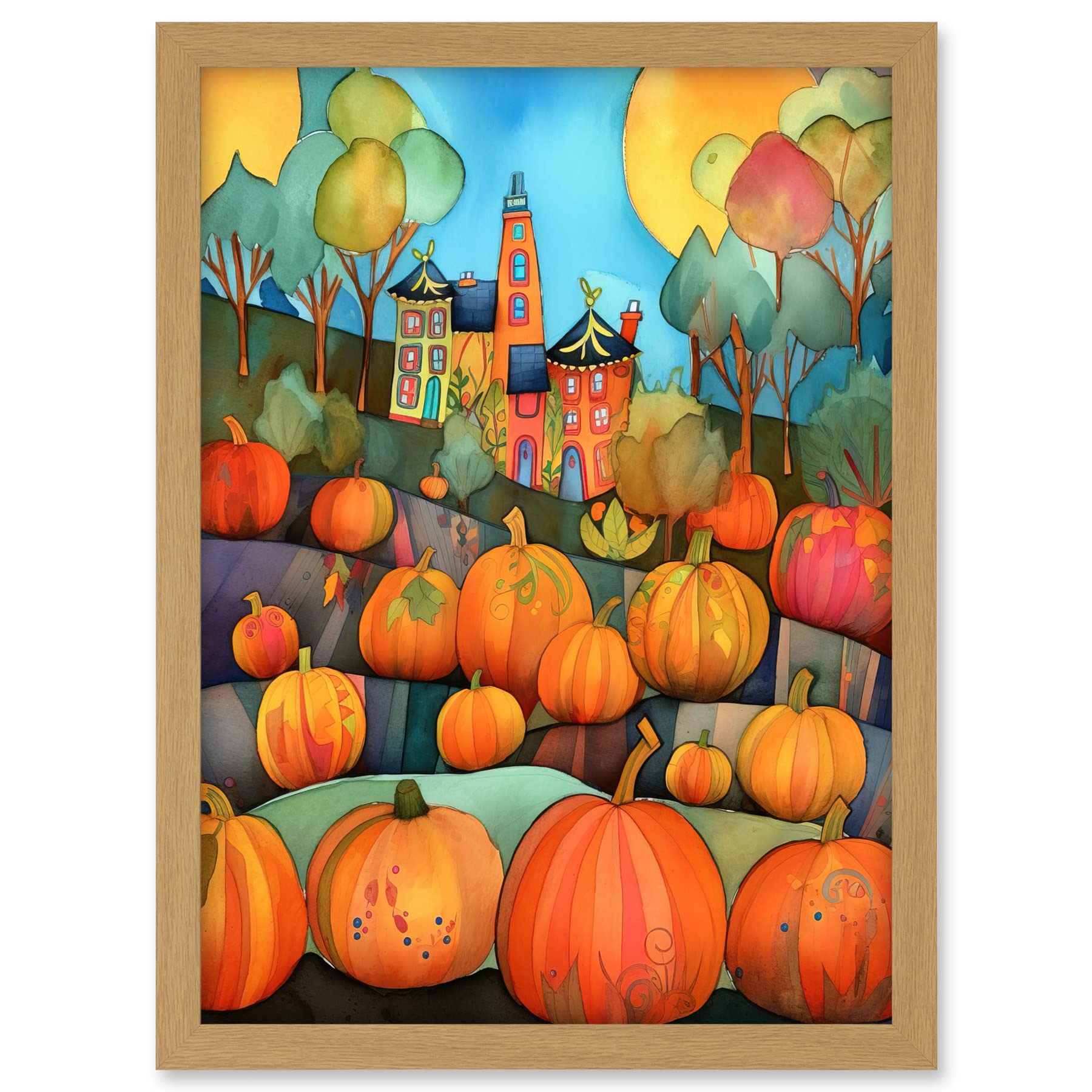 Artery8 Farm House Halloween Pumpkin Patch Modern Folk Art Watercolour Painting Artwork Framed A3 Wall Art Print