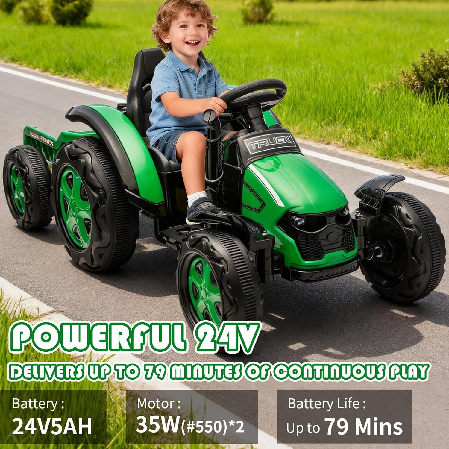 24V Kids Ride on Tractor with Detachable Trailer, Ride on Toys for Boys & Girls, 2.4G Remote Control, High/Low Speeds, Music, LED Lights, Shock Absorber, for Kids Ages 3+ (Green)
