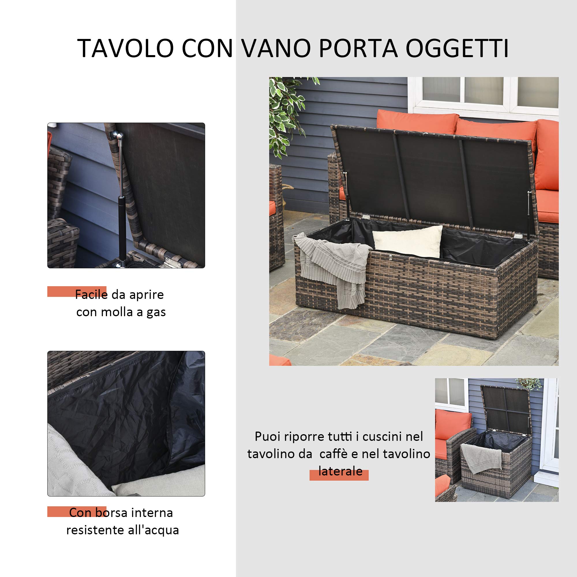 Outsunny Set Mobili da Giardino 6 Pezzi in Rattan, Salotto da Giardino con 2 Tavolini Contenitore, Divani e 2 Poltrone Imbottiti per 7 Persone, Marrone