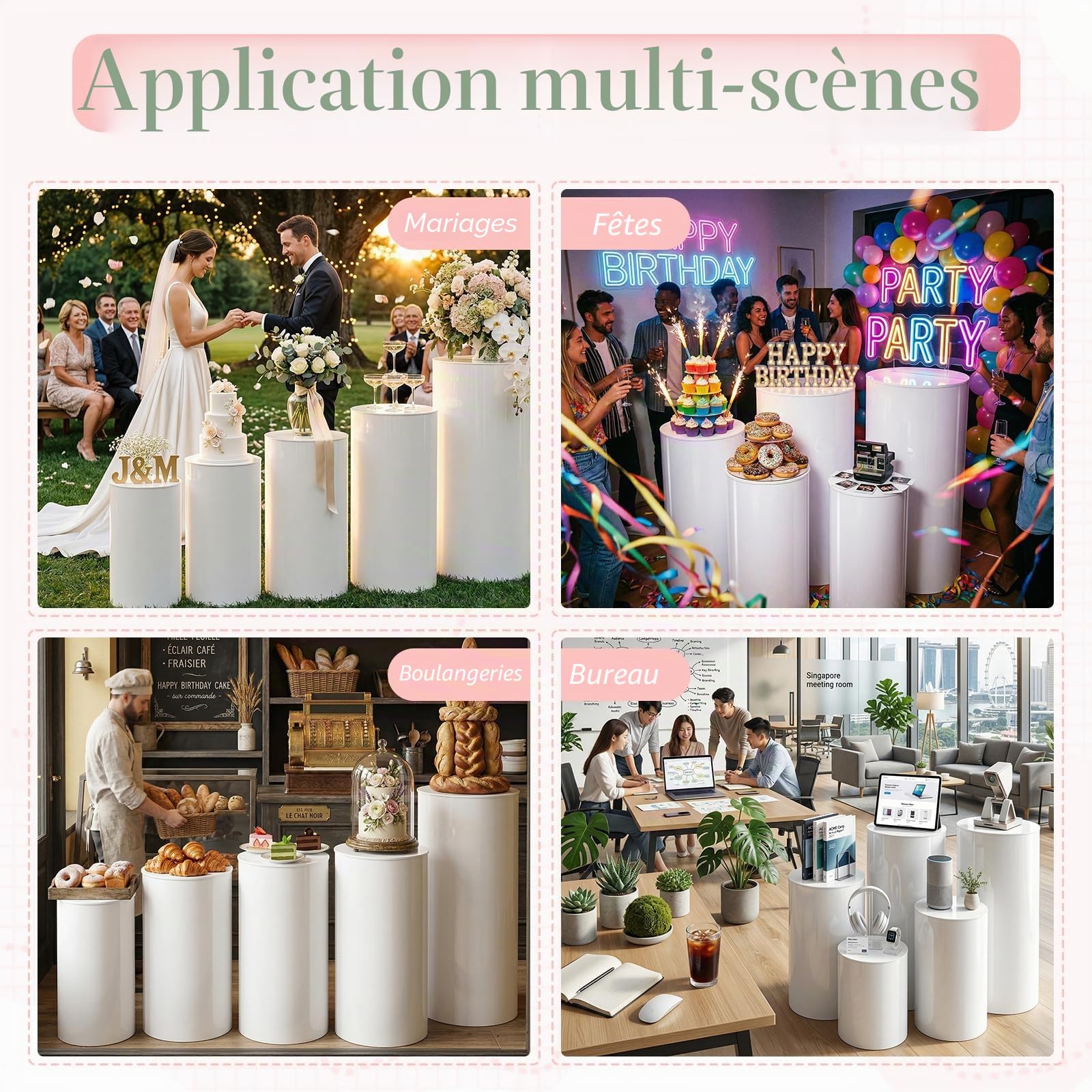 Lot de 5 supports de base cylindriques, supports de base cylindriques, supports de gâteau ronds en acrylique, supports d'exposition cylindriques, colonnes d'affichage rondes pour mariages
