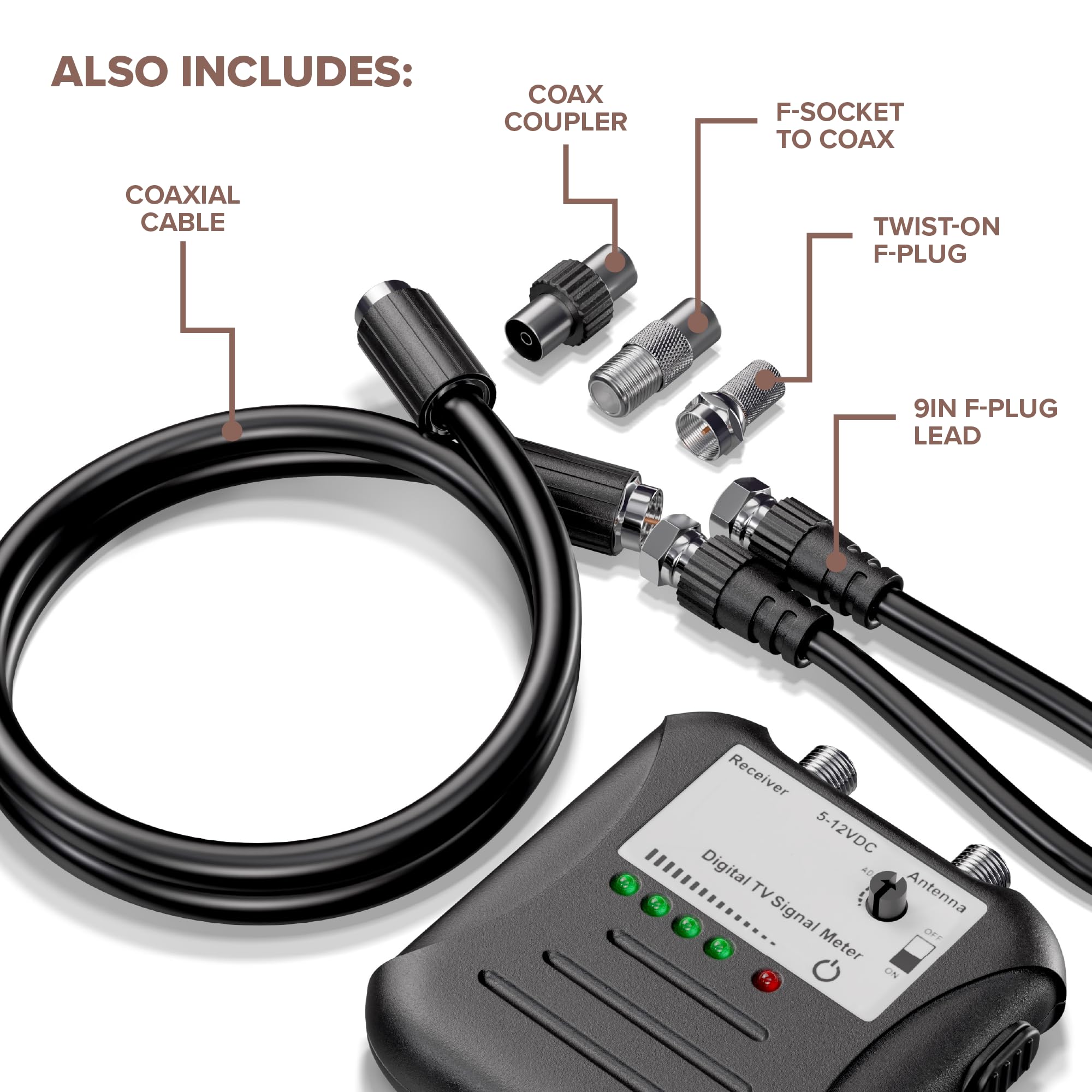 THE CIMPLE CO Signal Strength Meter, LED Indicators, for RV's and Over-The-Air Antennas, Sensitivity Adjuster, TV Antenna Finder, with Coax, Black