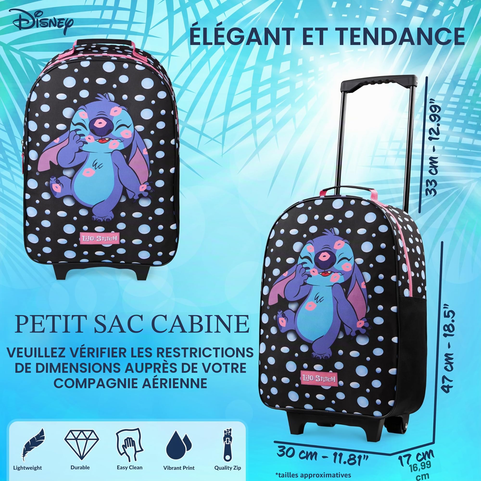 Disney Valise Enfant Fille Valise Stitch Minnie Elsa Reine des Neiges Petite Valise Souple roulettes Pliables Trolley Bag Bagages Enfant Voyage Cabine Sac Trolley Enfant (Noir Stitch)