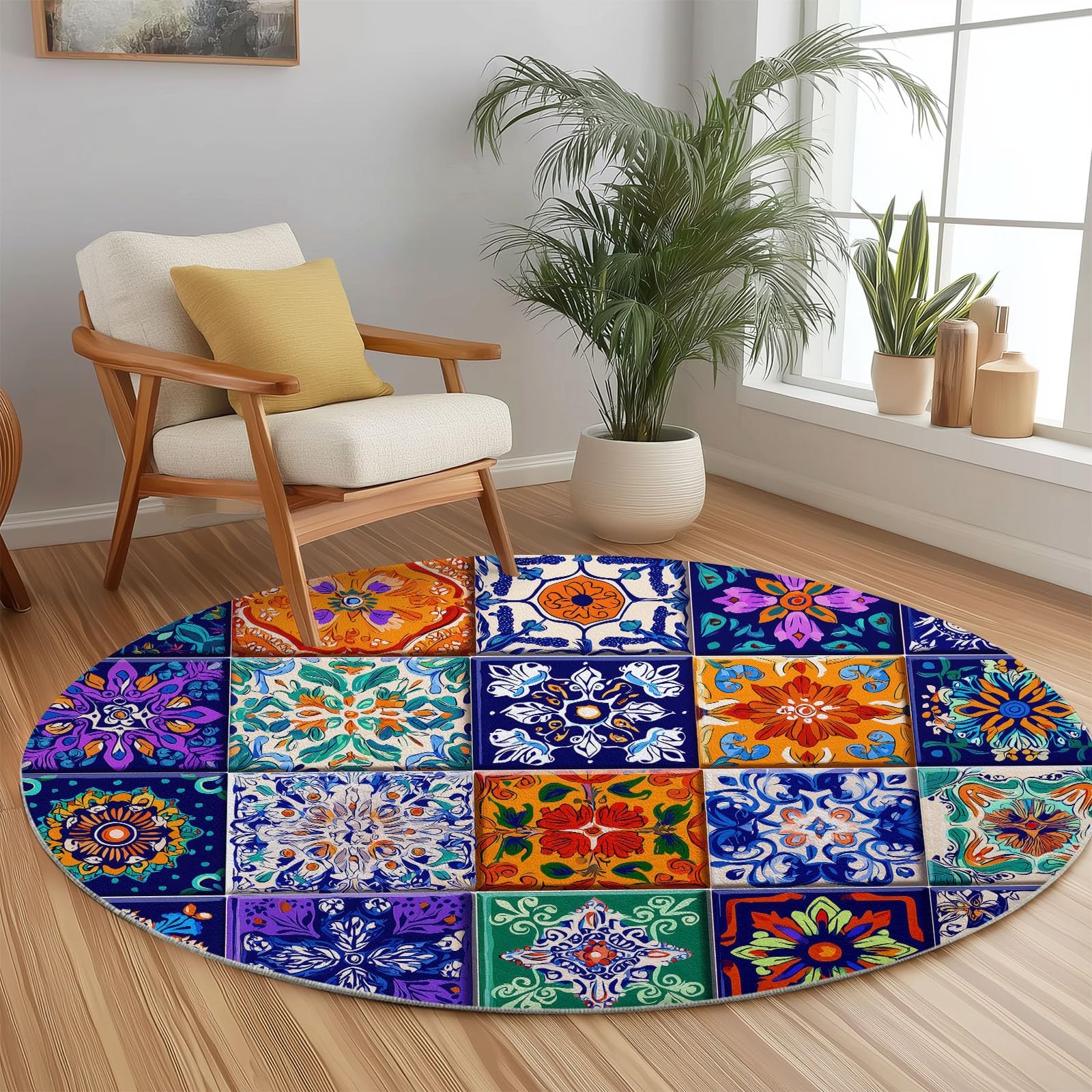 Styl boho geometryczna mozaika, luksusowy miękki okrągły dywan, dywany, miękki, krótki runo, antypoślizgowy, okrągły dywan, nie gubi włosia, do sypialni, salonu, jadalni, kuchni, 150 cm