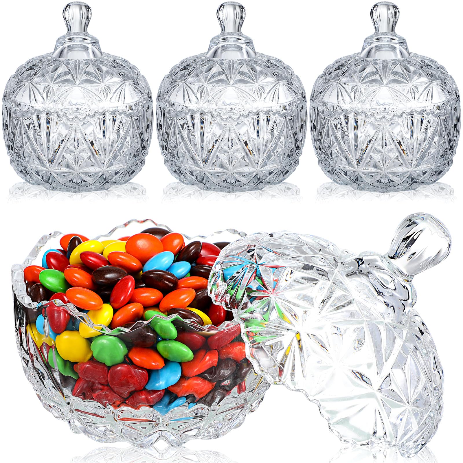 Tanlade 4 Pcs Glass Candy Jar with Lids Crystal Decorative Small Candy Dish Apothecary Jar with Lids Covered Glass Bowl Cute Jewelry Box Cookie Snack