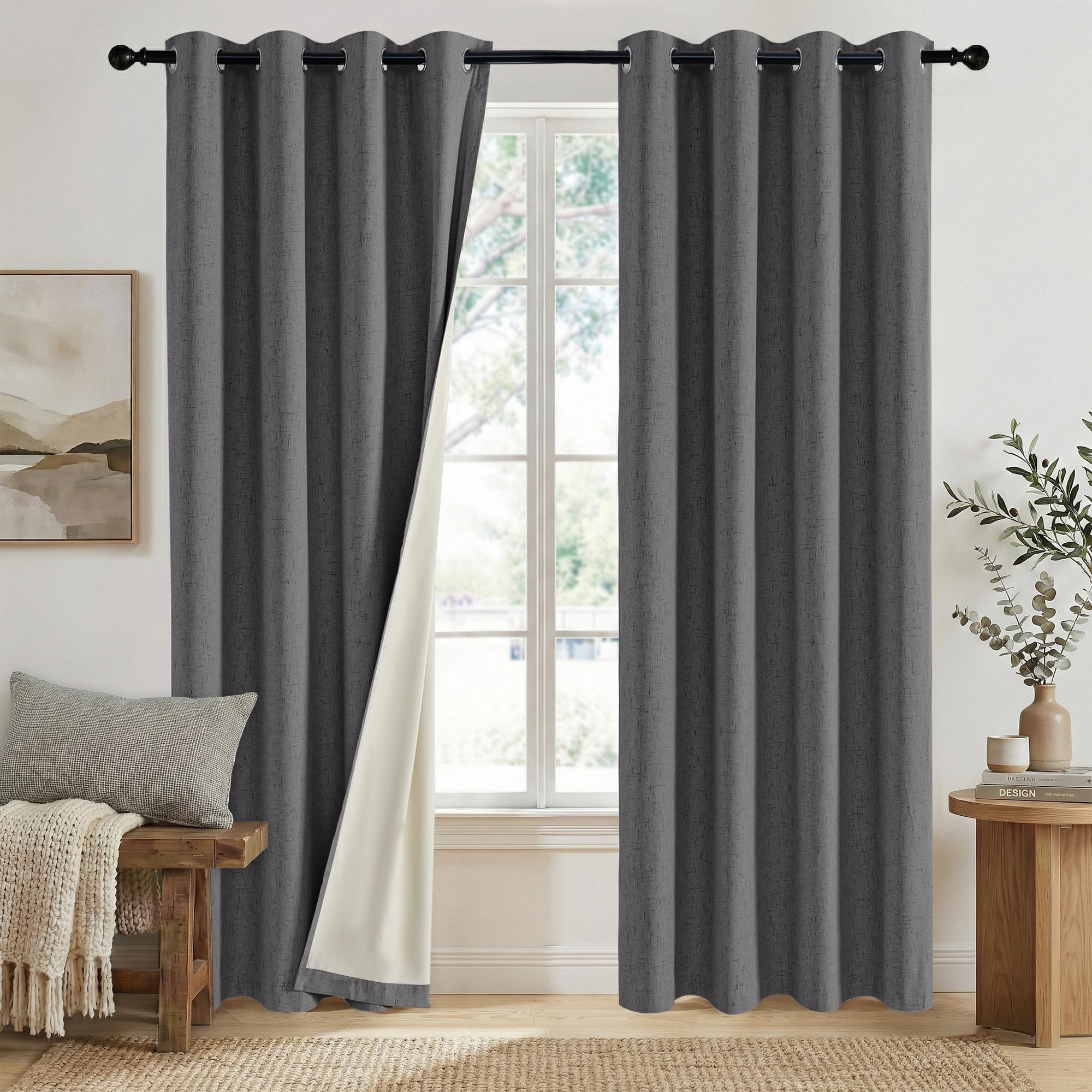 PONY DANCE Grey Total Blackout Curtains with Beige Coated Backing - Textured Faux Linen Eyelet Curtain for Bedroom & Living Room, Thermal Insulated Energy Saving, 52 x 90 Inch (132 x 229 cm), 2 Panels โ image 1