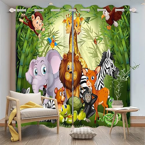 Vista 3 de Yeele Cortinas de 21 x 45 pulgadas para niños, diseño de animales de safari con ojales, estampado de selva de dibujos animados, aislamiento térmico
