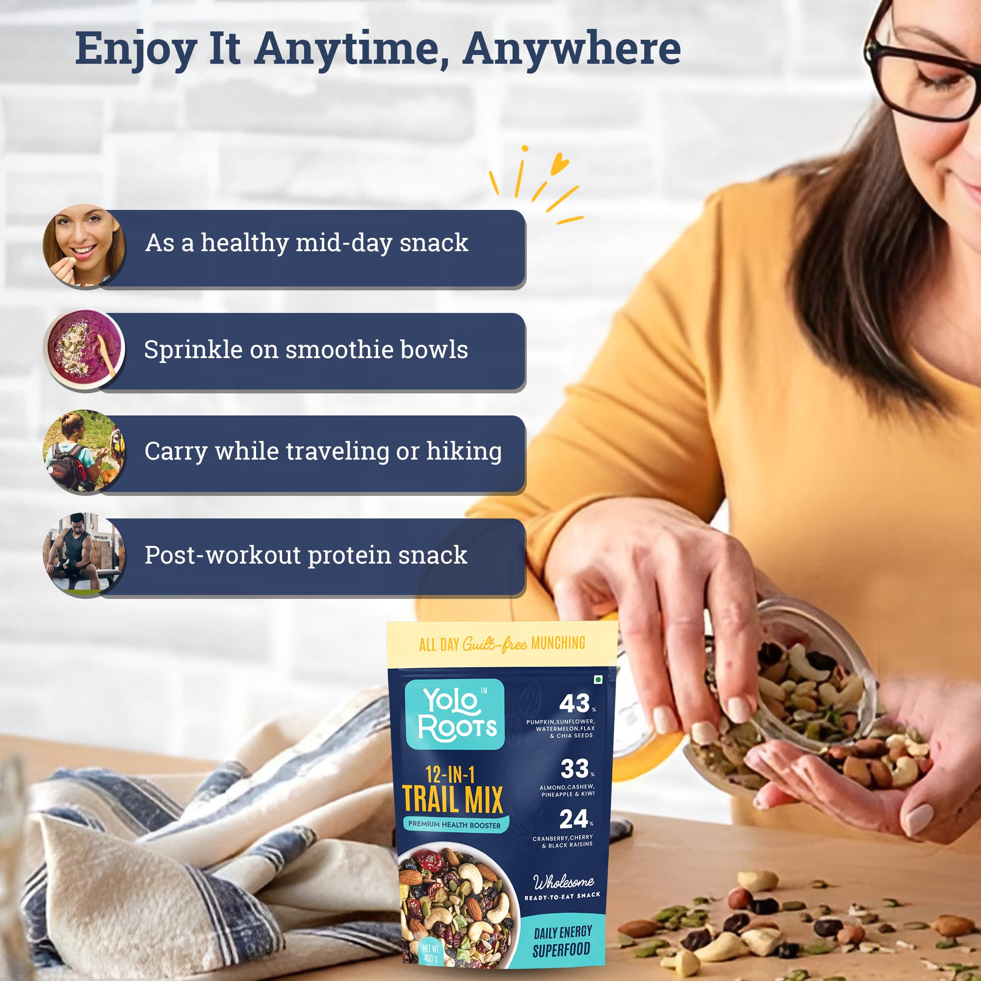 Yolo Roots Trail Mix | Roasted 12-in-1 Dry Fruit & Nut Mix with Almonds, Cashews, Cranberries Pumpkin,Chia & Sunflower Seeds | High Protein & Fibre | No Added Sugar | Healthy Anytime Snack