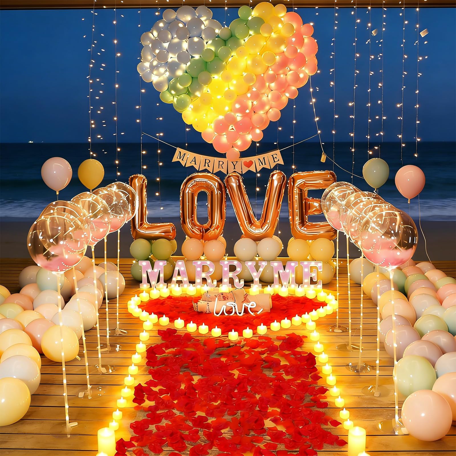 Marry Me Leuchtbuchstaben mit 2000 Künstlichen Rosenblüten,MARRY ME-Schild mit 24 flammenlosen Herzkerzen, LED Buchstabenlicht für Außenbereich Heiratsantrag Dekoration (MARRY ME)
