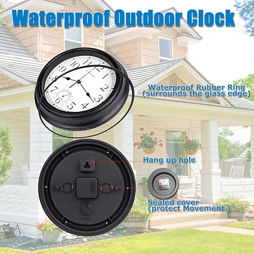 Miniatura 4 de Reloj de pared retro de 12 pulgadas para interiores y exteriores, impermeable, con termómetro, para patio, piscina, jardín, hogar, bronce
