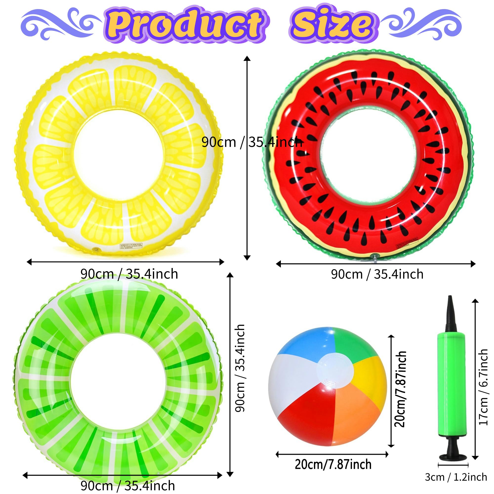 Chennyfun 6 PCS Ciambella Salvagente Frutta, Anello da Nuoto Frutta Gonfiabile per Bambini e Adulti Set, con Motivo di Fruit, con Pallone da Spiaggia per Nuotare Spiaggia Festa Decorazione per Feste
