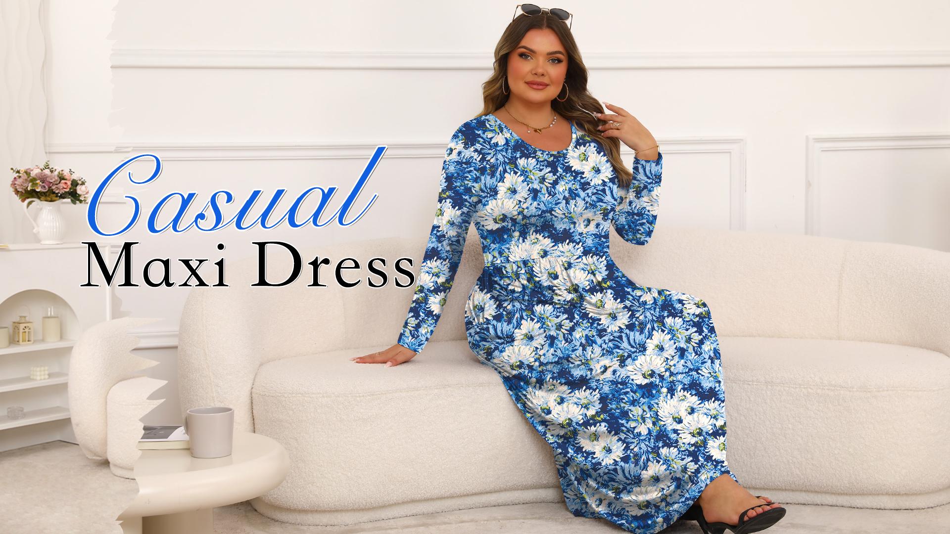 Womens Plus Size Maxi Dresses Long Sleeve with Pockets Casual Long Dress Black Blue Leaves 1X at Amazon Women's Clothing store