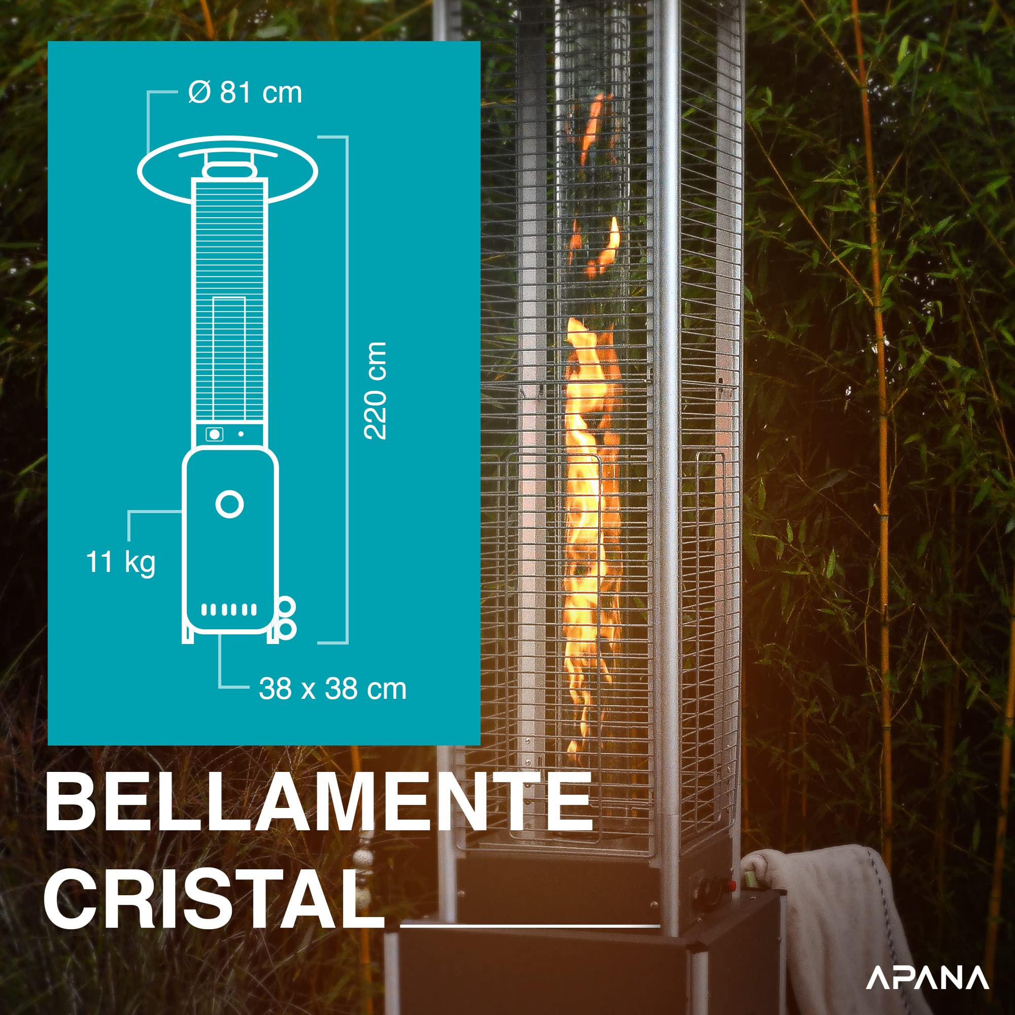 APANA Gasheizer 12,5 kW Bellamente Cristal – Gas Heizpilz in Schwarz mit Transportrollen – Terrassenheizer mit Umkippsicherung & Abschaltautomatik – Outdoor Heizstrahler für Garten & Balkon