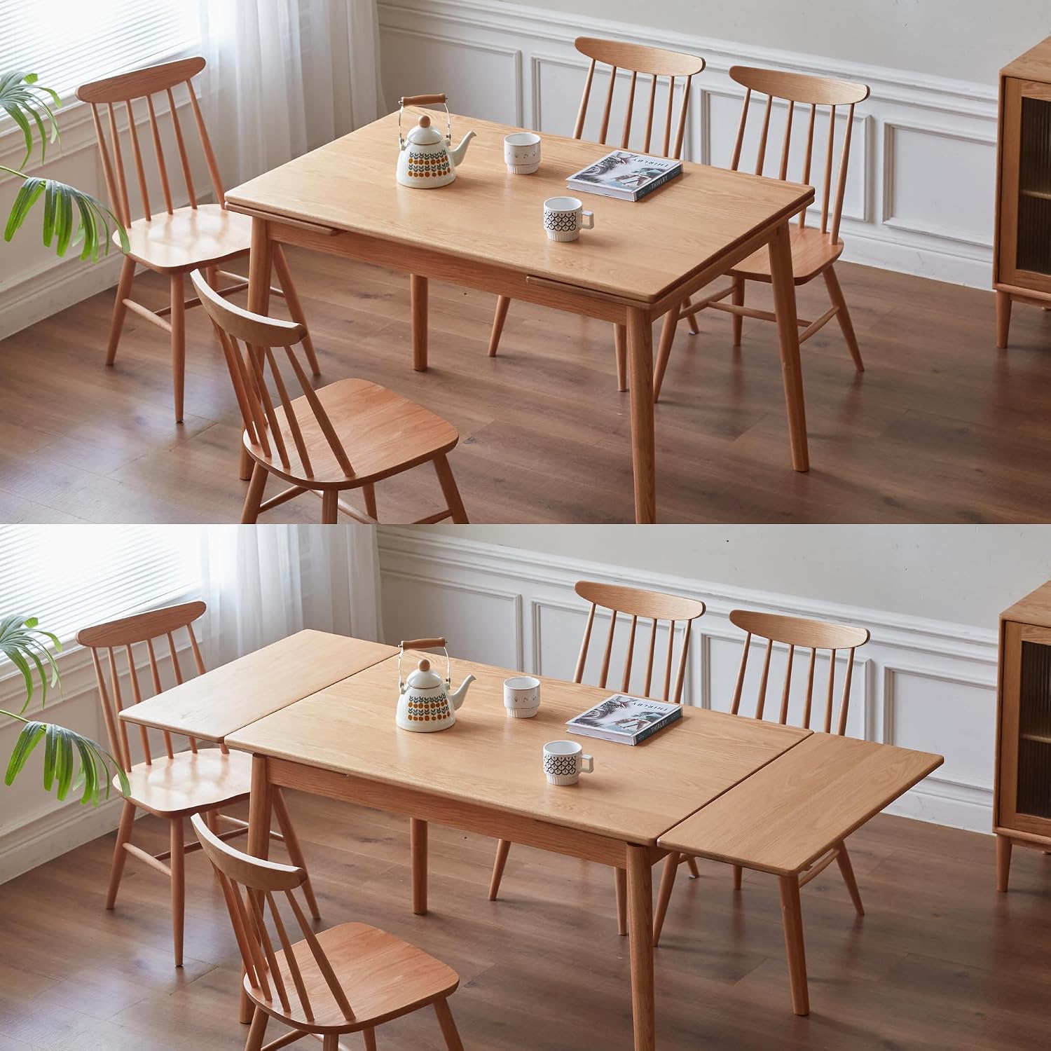 49.21’’-76.77’’ Extendable Dining Room Table for 6-10 Person, 100% Solid Wood Oak Dinner Kitchen Table, Mid Century Modern Dining Table for Kitchen, Living Room, Apartment (Natural)