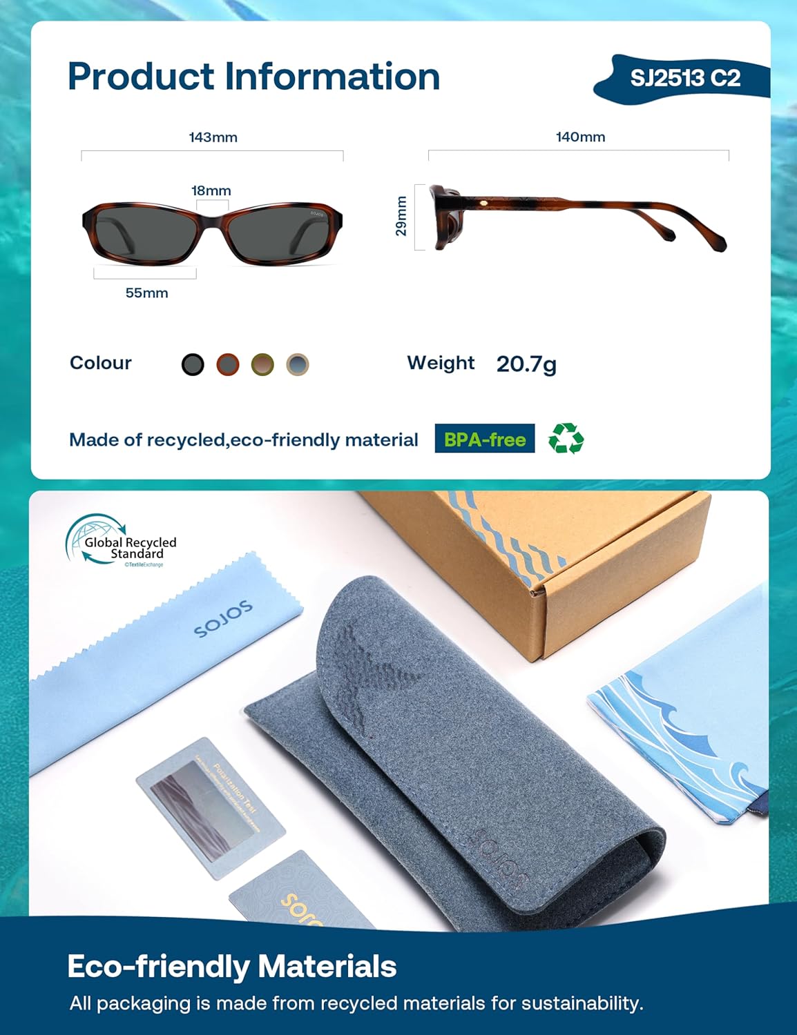 SOJOS Ocean Collection Retro Rectangular Polarized Sunglasses for Women Men Narrow 90s Square Shades, Carapace