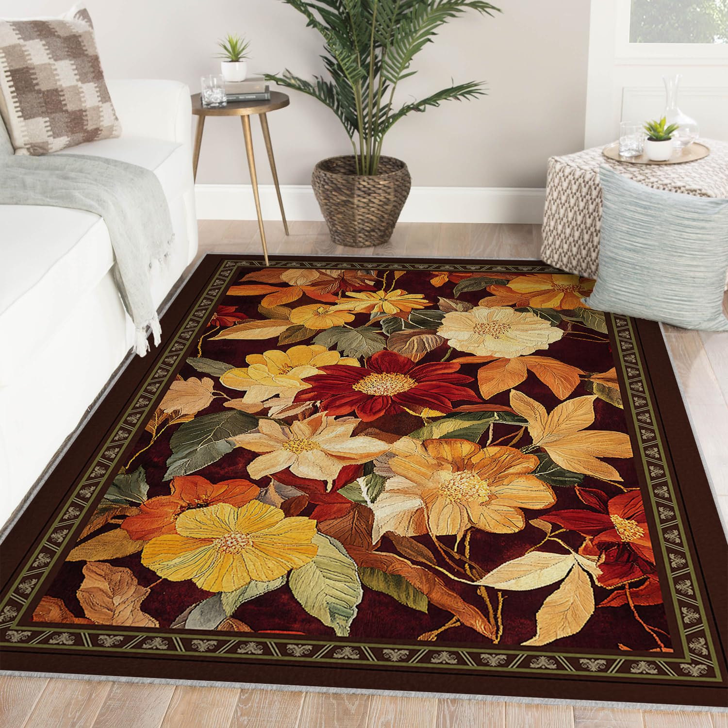 Grand tapis de salon 140x200 floral vintage or lavable et sous table