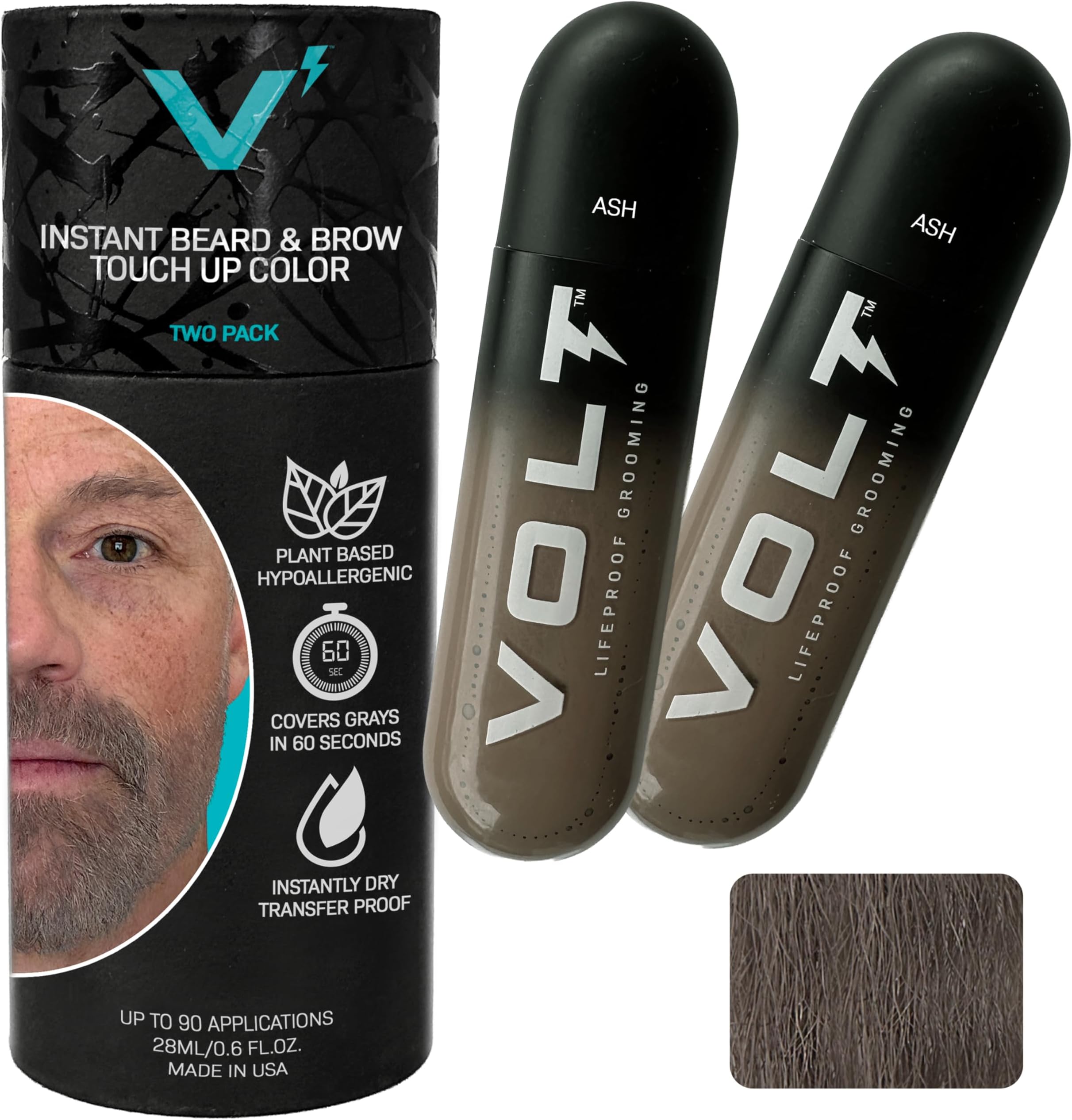VOLT Grooming Temporary Instant Beard Color for Men Quick-Dry Plant-Based Brush On Beard, Hair, Mustache & Brow Color, For Sensitive Skin, Ash Gray Brown, 2-Pack Refill, 90+ Applications