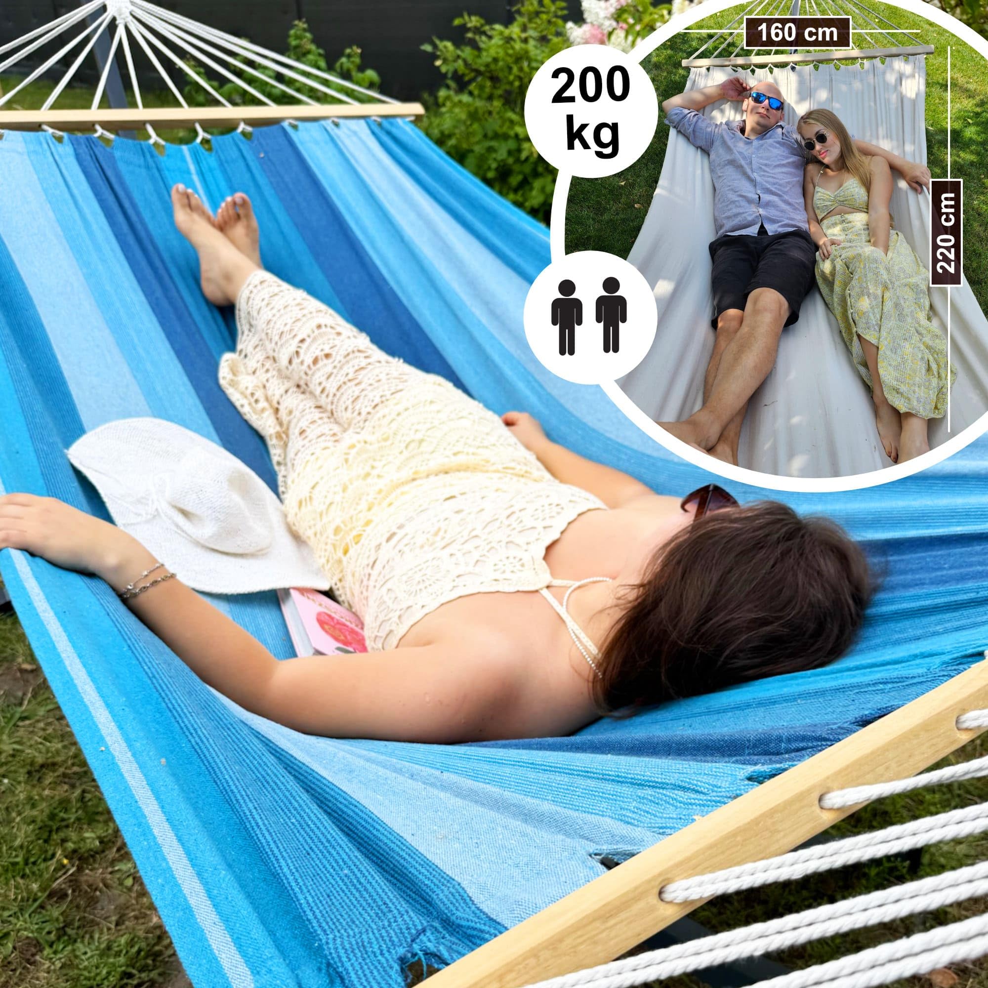 Potenza Amaca da Giardino con Supporto in Acciaio ZINCATO A CALDO – Amaca Con Barra 220x160 cm, 200 kg in Cotone con Struttura lunga 365 cm, Portata 220 kg, con Telaio Resistente alle Intemperie