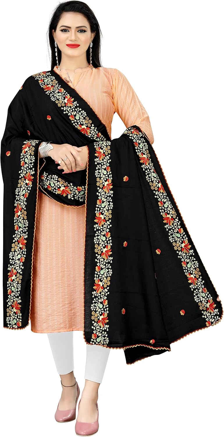 Hijab for Women Traditional Embroidered Cotton Dupatta Shawl Black Scarf Soft Long 2.25Meter Wrap Scarves