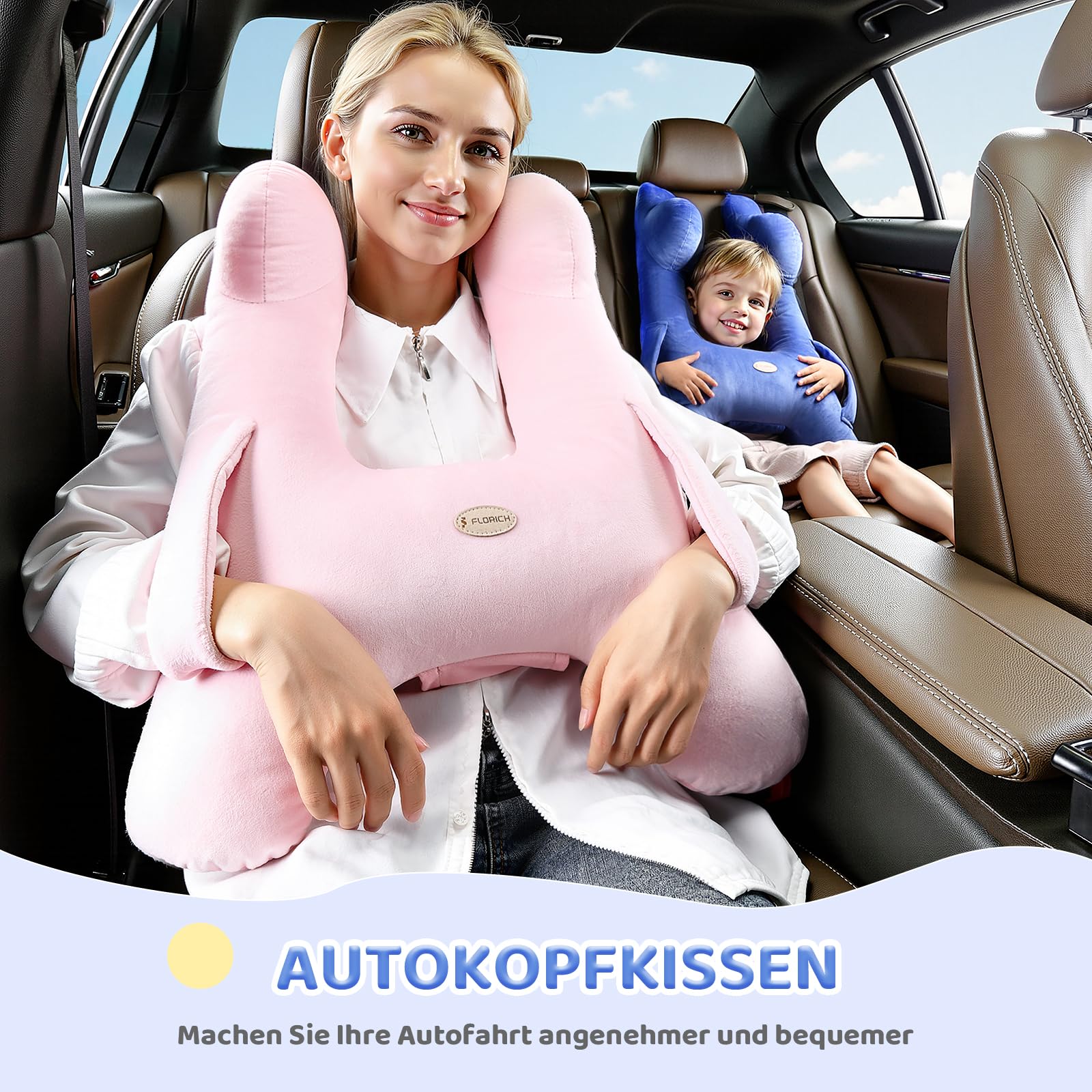 FLORICH Kinder Reisekissen, Schlafkissen Auto Kinder, Abnehmbares H förmiges Kissen Atmungsaktiv für Jungen und Mädchen und Erwachsene für Auto Urlaub (Blau)