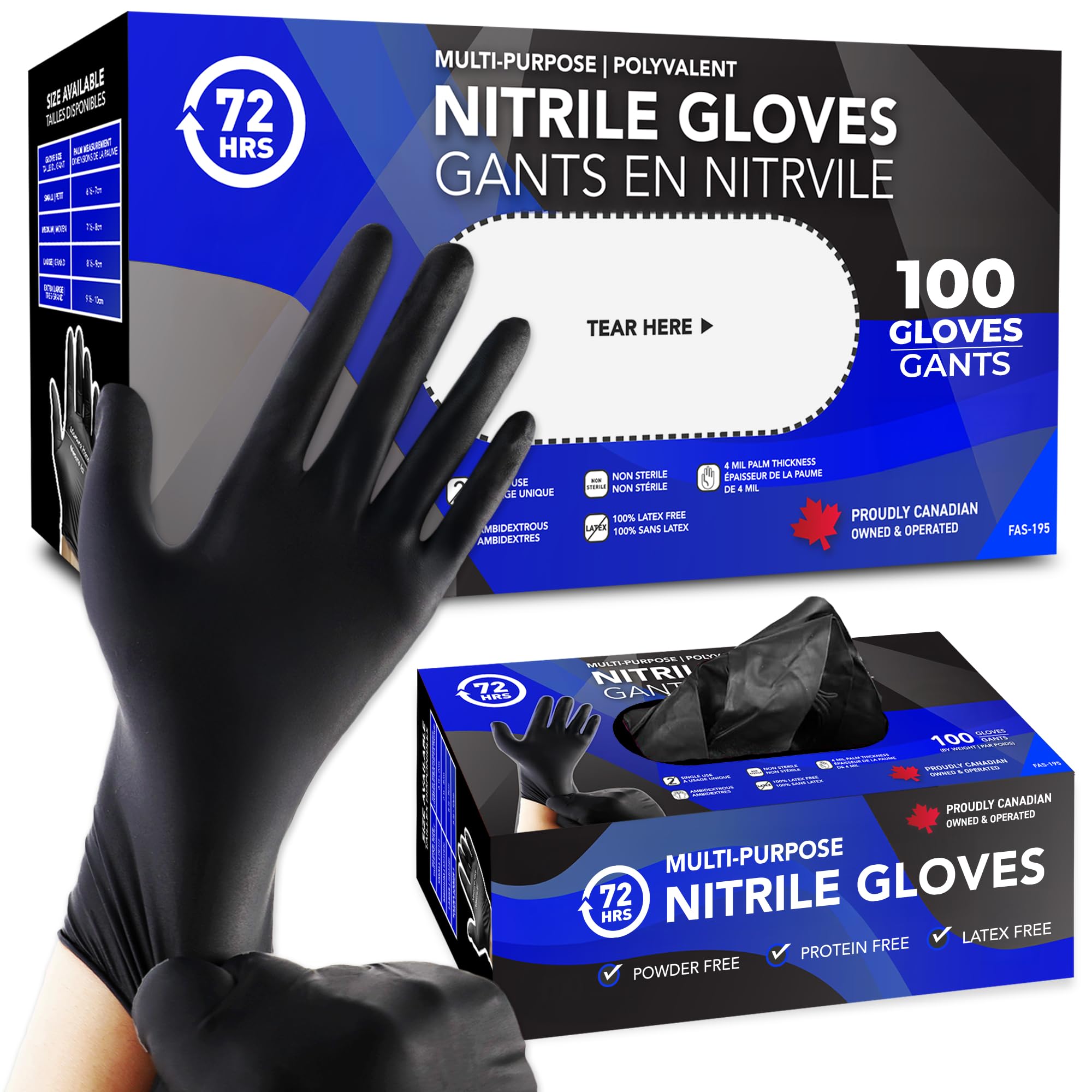 72HRS Black Nitrile Gloves - Disposable Gloves-4 Mil, Gant Noir, Gants Jetables, Black Gloves for Cooking, Cleaning