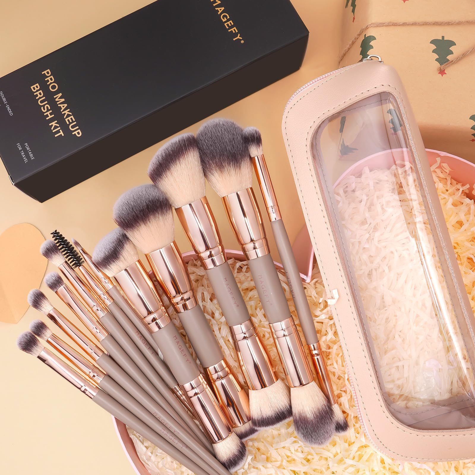 MAGEFY Makeup Brushes 12Pcs with Bag, Double-End Multi-functional for Foundation Powder Blush Eyeliner Eyeshadows brushes with Gift Box,Champagne