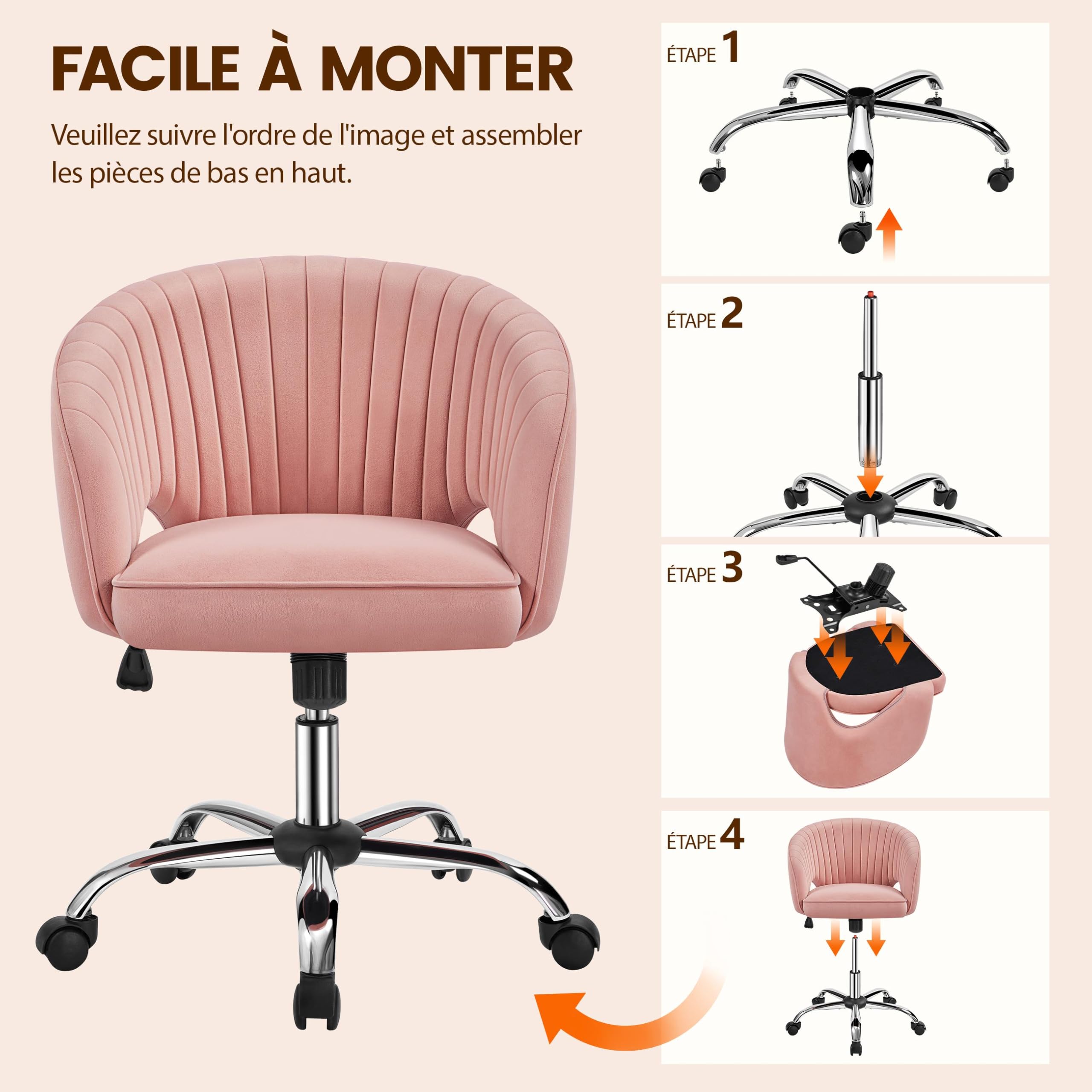 Yaheetech Fauteuil de Bureau en Velours avec Dossier Capitonné Arrondi Pivotant à roulettes Assise Réglable en Hauteur pour Chambre Bibliothèque Salon Rose